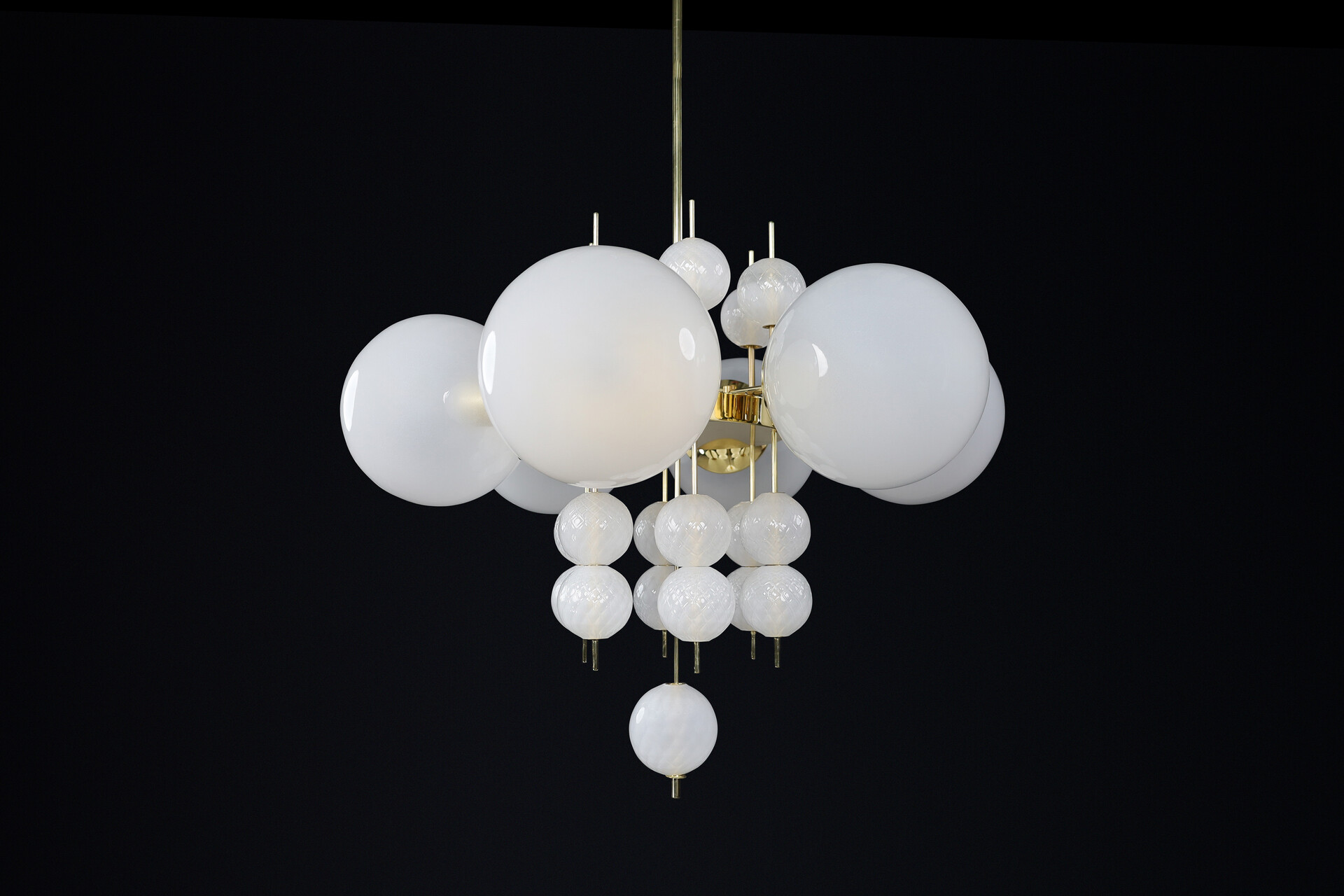 Mid century modern Chandelier with Brass Fixture & Hand-Blown Pearl-White Glass Globe, CZ 1960 Mid-20th century