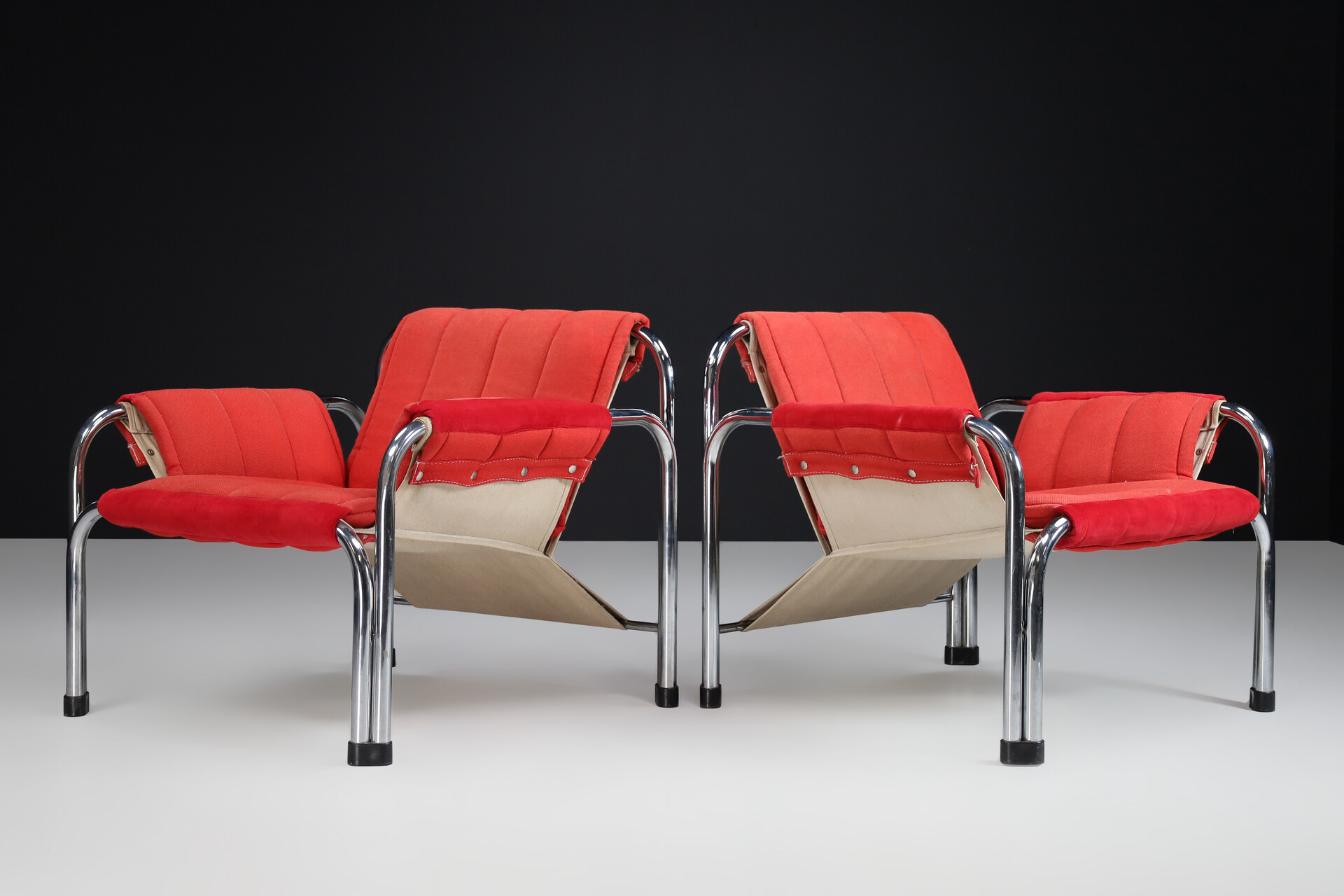 Mid century modern Chrome and red fabric Lounge chairs, Praque 1970s Late-20th century