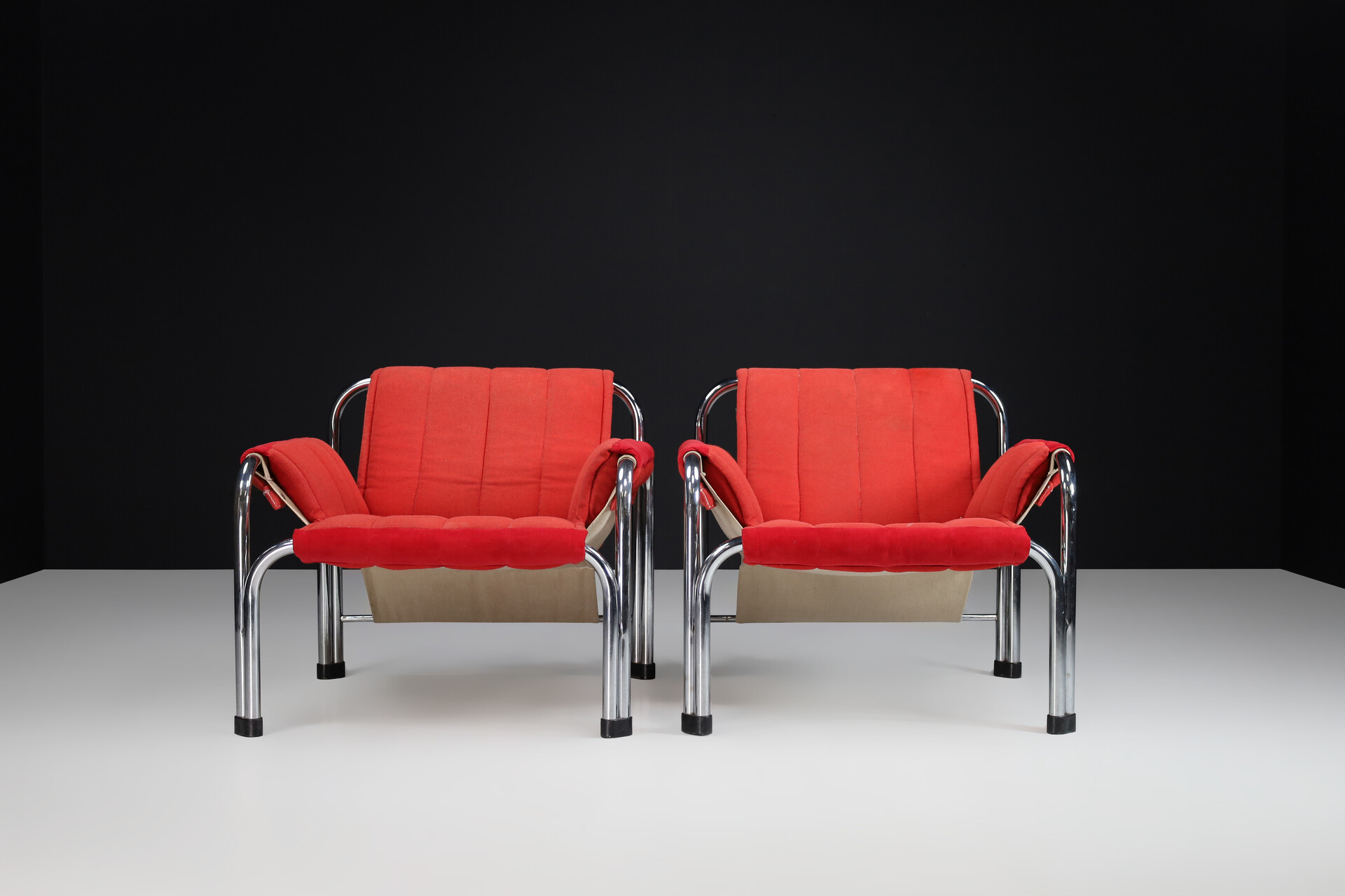 Mid century modern Chrome and red fabric Lounge chairs, Praque 1970s Late-20th century