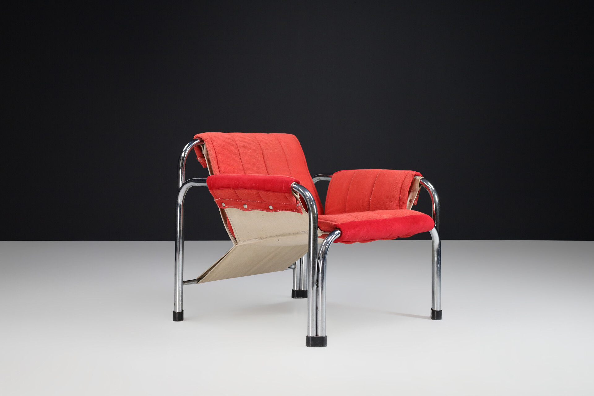 Mid century modern Chrome and red fabric Lounge chairs, Praque 1970s Late-20th century