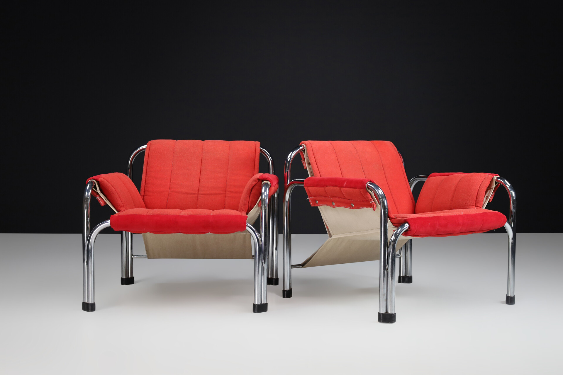 Mid century modern Chrome and red fabric Lounge chairs, Praque 1970s Late-20th century