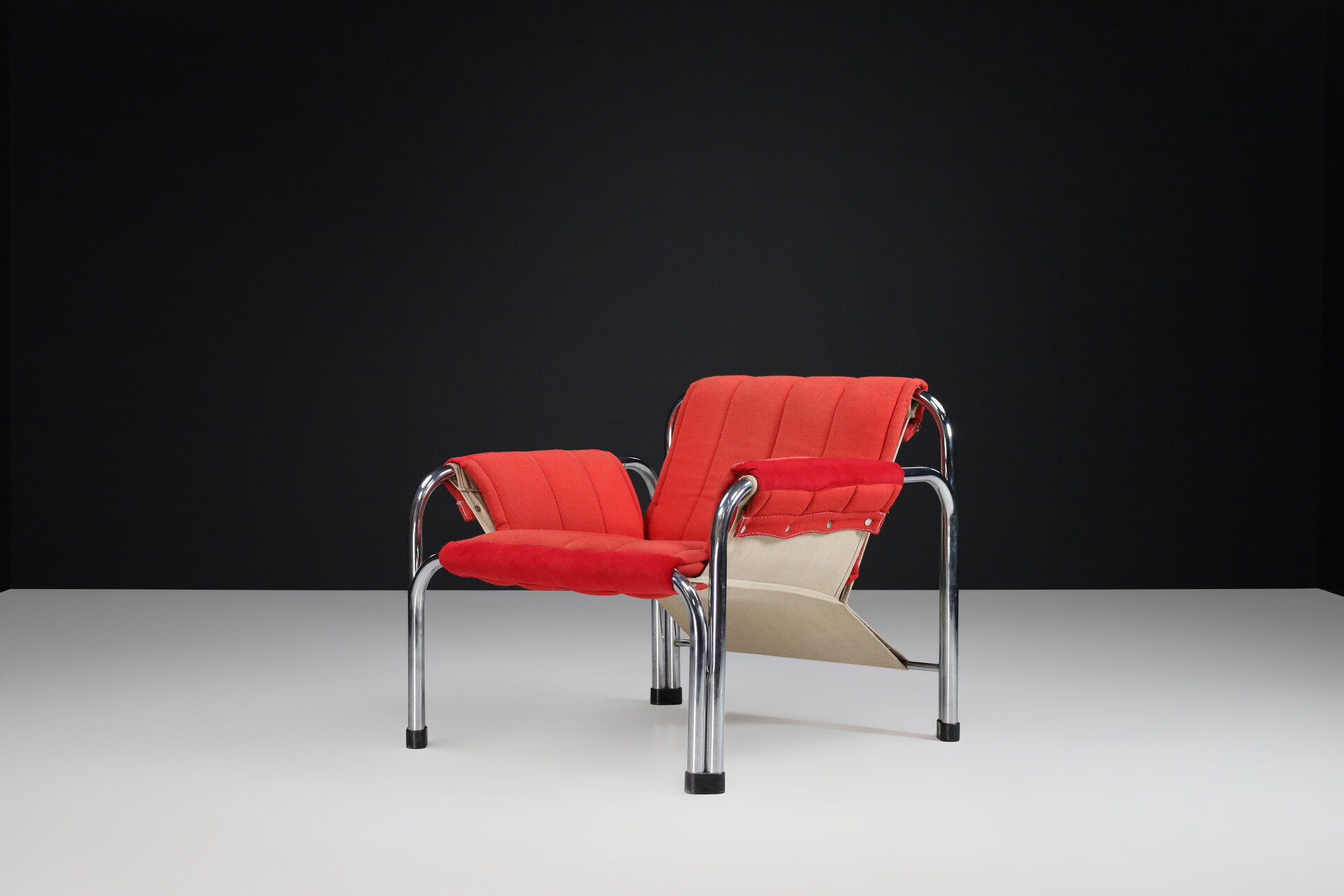 Mid century modern Chrome and red fabric Lounge chairs, Praque 1970s Late-20th century