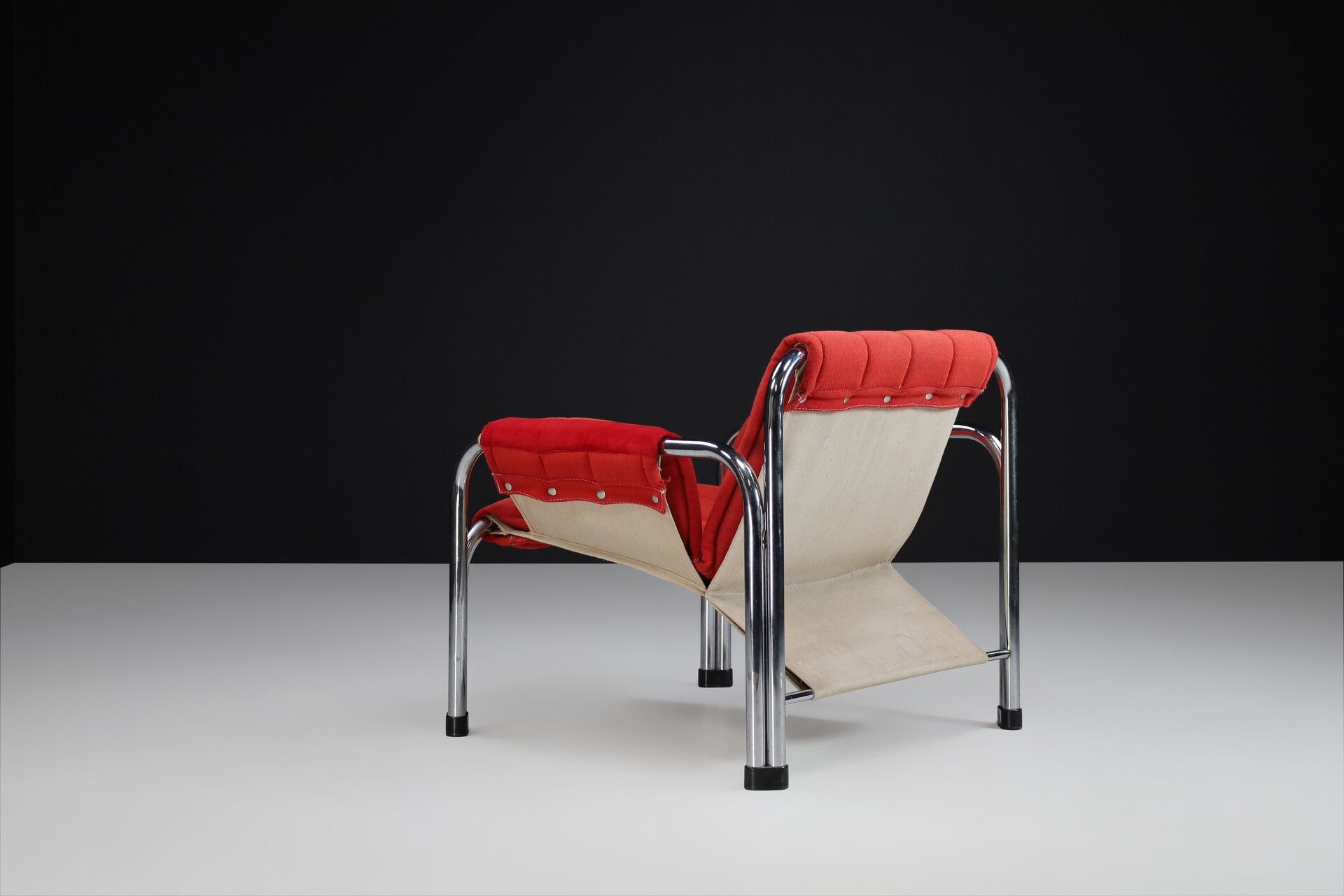 Mid century modern Chrome and red fabric Lounge chairs, Praque 1970s Late-20th century