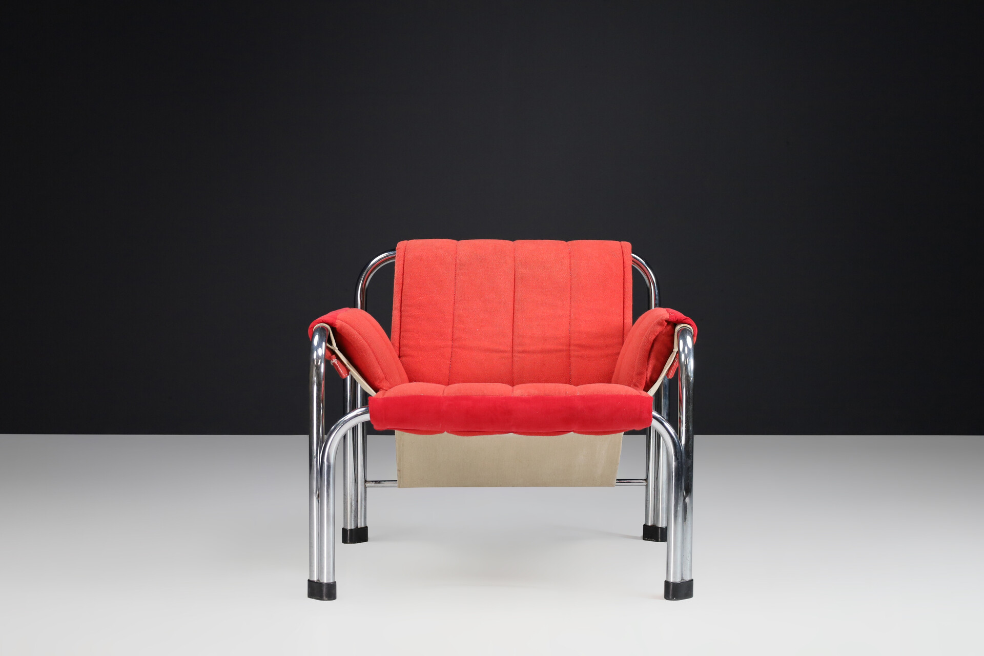 Mid century modern Chrome and red fabric Lounge chairs, Praque 1970s Late-20th century