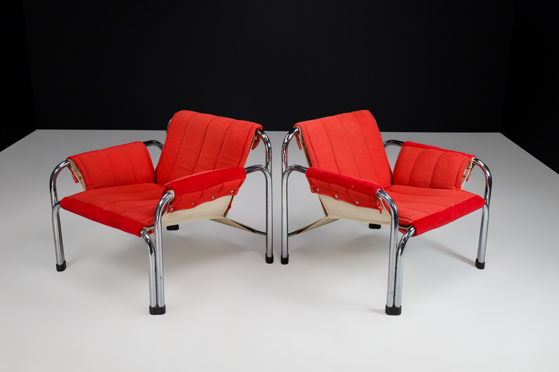 Mid century modern Chrome and red fabric Lounge chairs, Praque 1970s Late-20th century