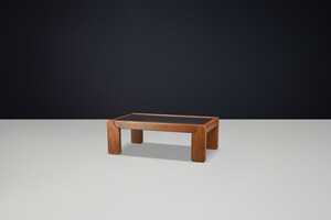 Mid century modern Coffee table in elm and smoked glass Maison Regain France 1970s Late-20th century