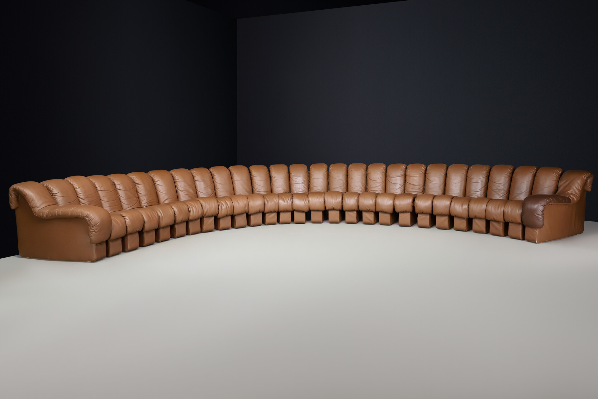 Mid century modern De Sede, ‘Snake’ DS-600 sectional sofa in twenty-seven elements, Full brown leather, fabric, Switzerland, 1972 Late-20th century