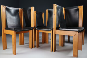 Mid century modern Dining chairs in elm and leather, France 1970s Late-20th century