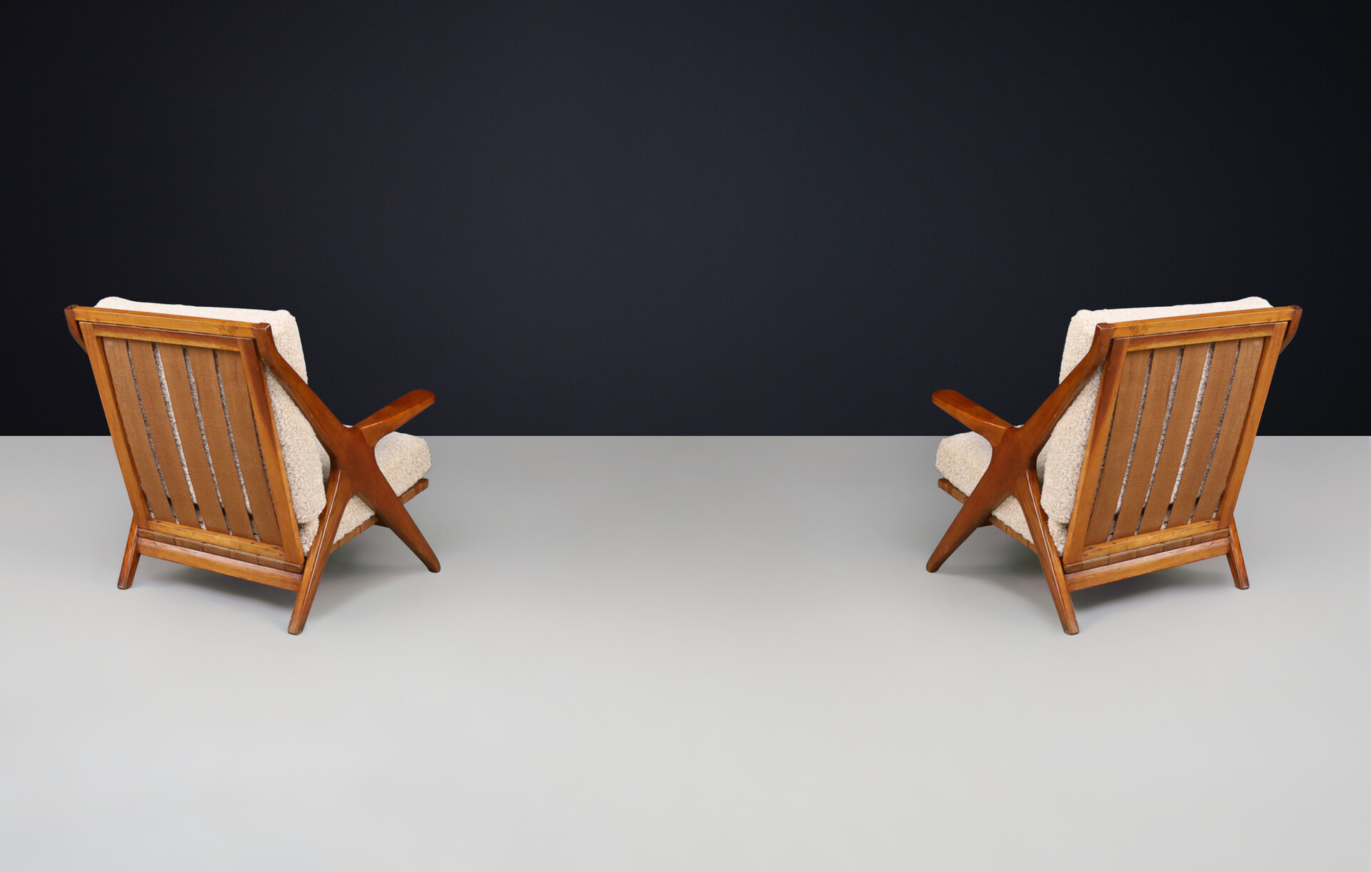 Mid century modern Elegant Armchairs in Walnut and Teddy Fabric, Italy 1950s Mid-20th century