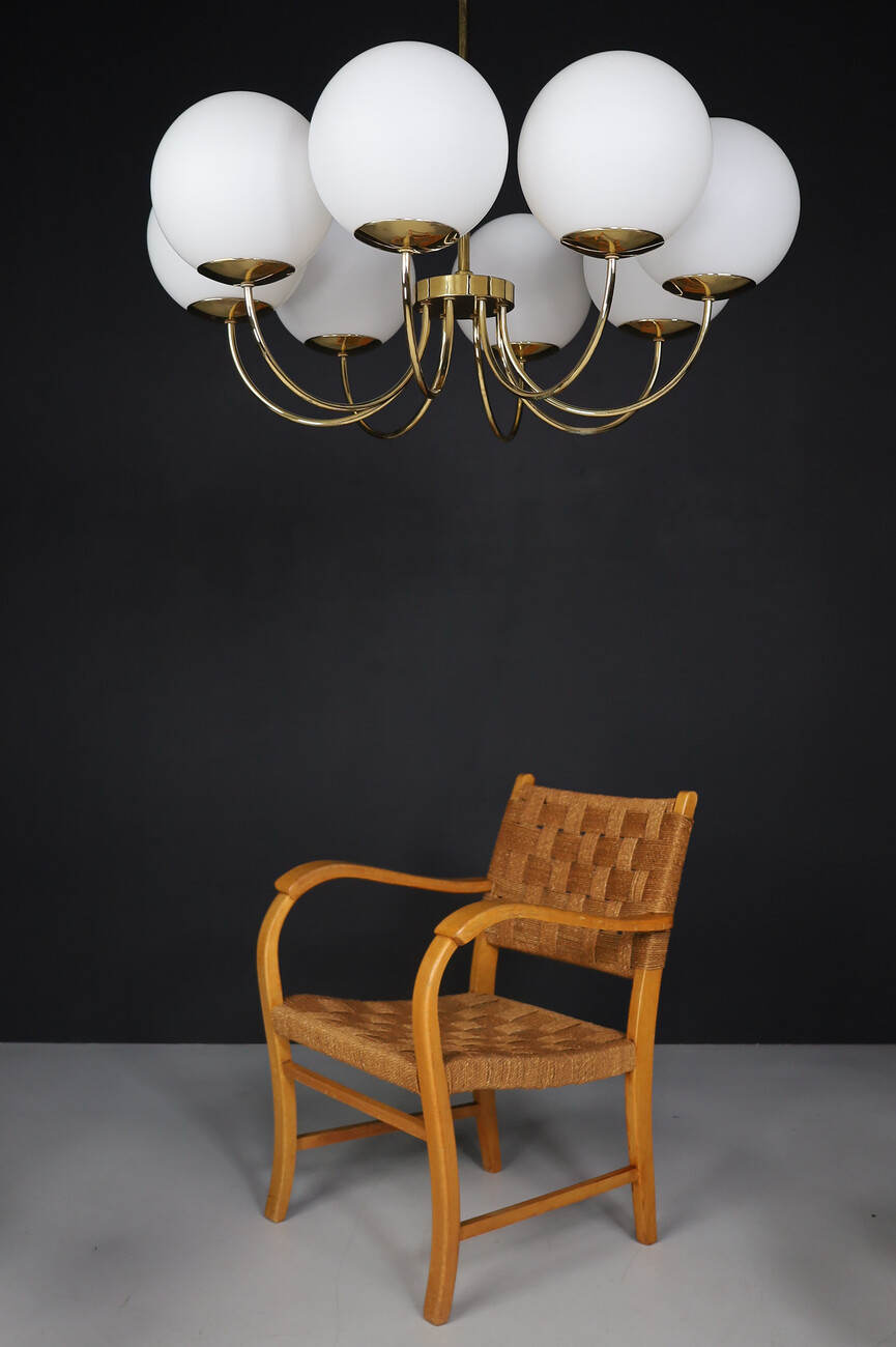 Mid century modern Elegant Chandeliers with Brass fixture and Opaline glass Globes, Italy 1960s Mid-20th century