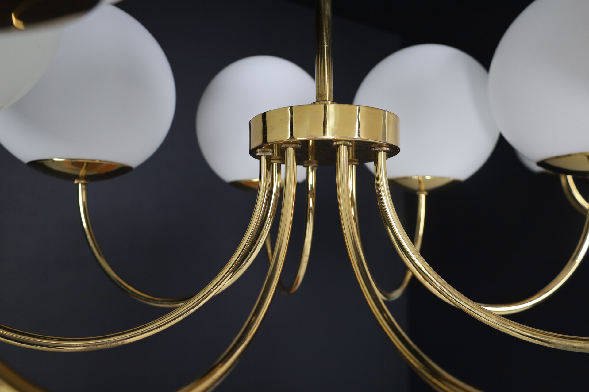 Mid century modern Elegant Chandeliers with Brass fixture and Opaline glass Globes, Italy 1960s Mid-20th century