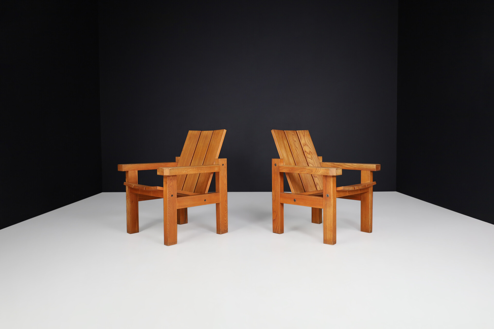 Mid century modern Elm Lounge chairs in the style of Pierre Chapo France 1960s Mid-20th century