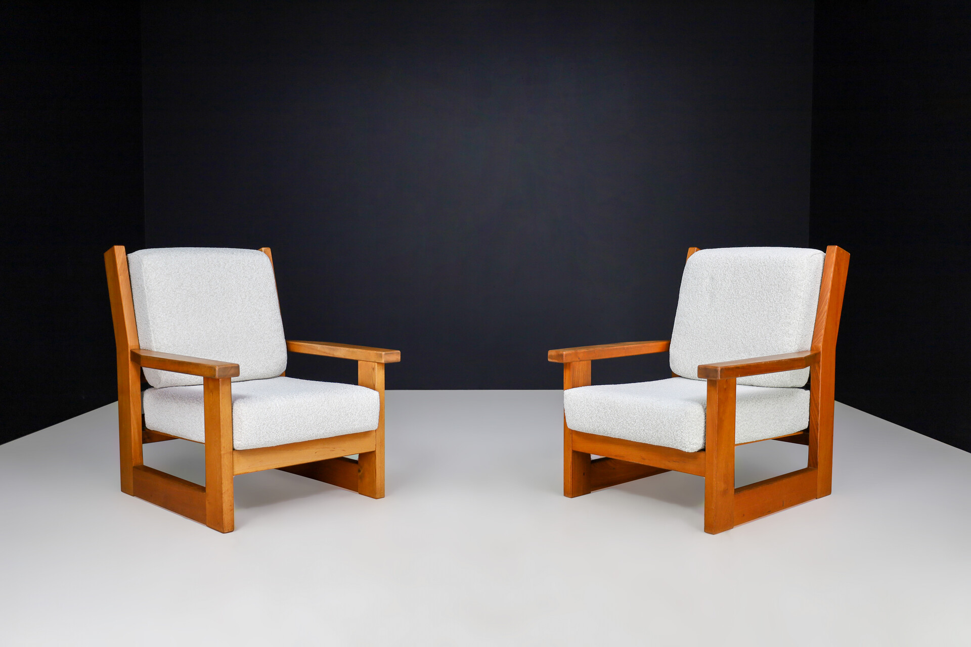 Mid century modern Elmwood and bouclé reupholstered Lounge chairs France 1960s Mid-20th century