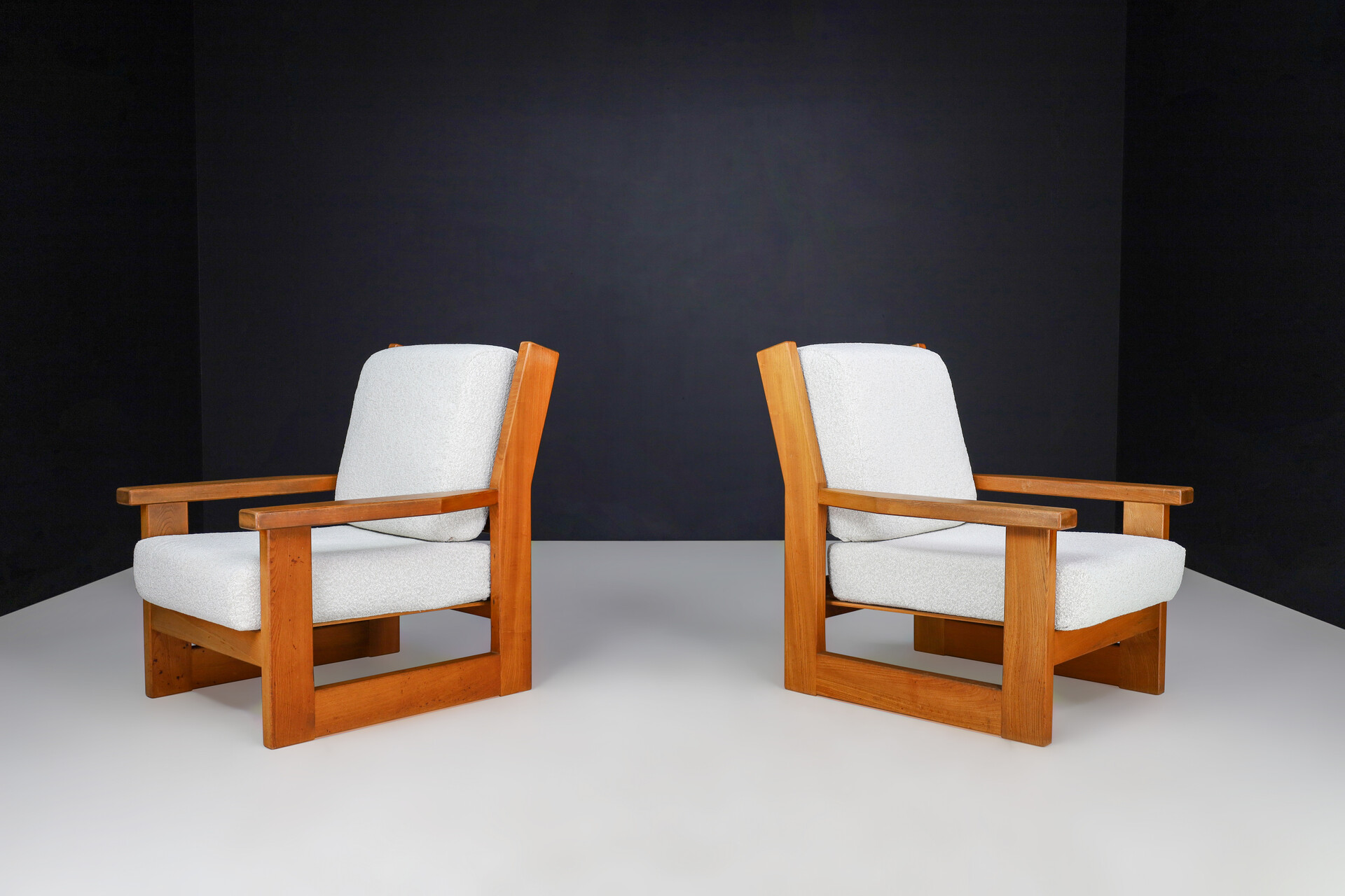 Mid century modern Elmwood and bouclé reupholstered Lounge chairs France 1960s Mid-20th century