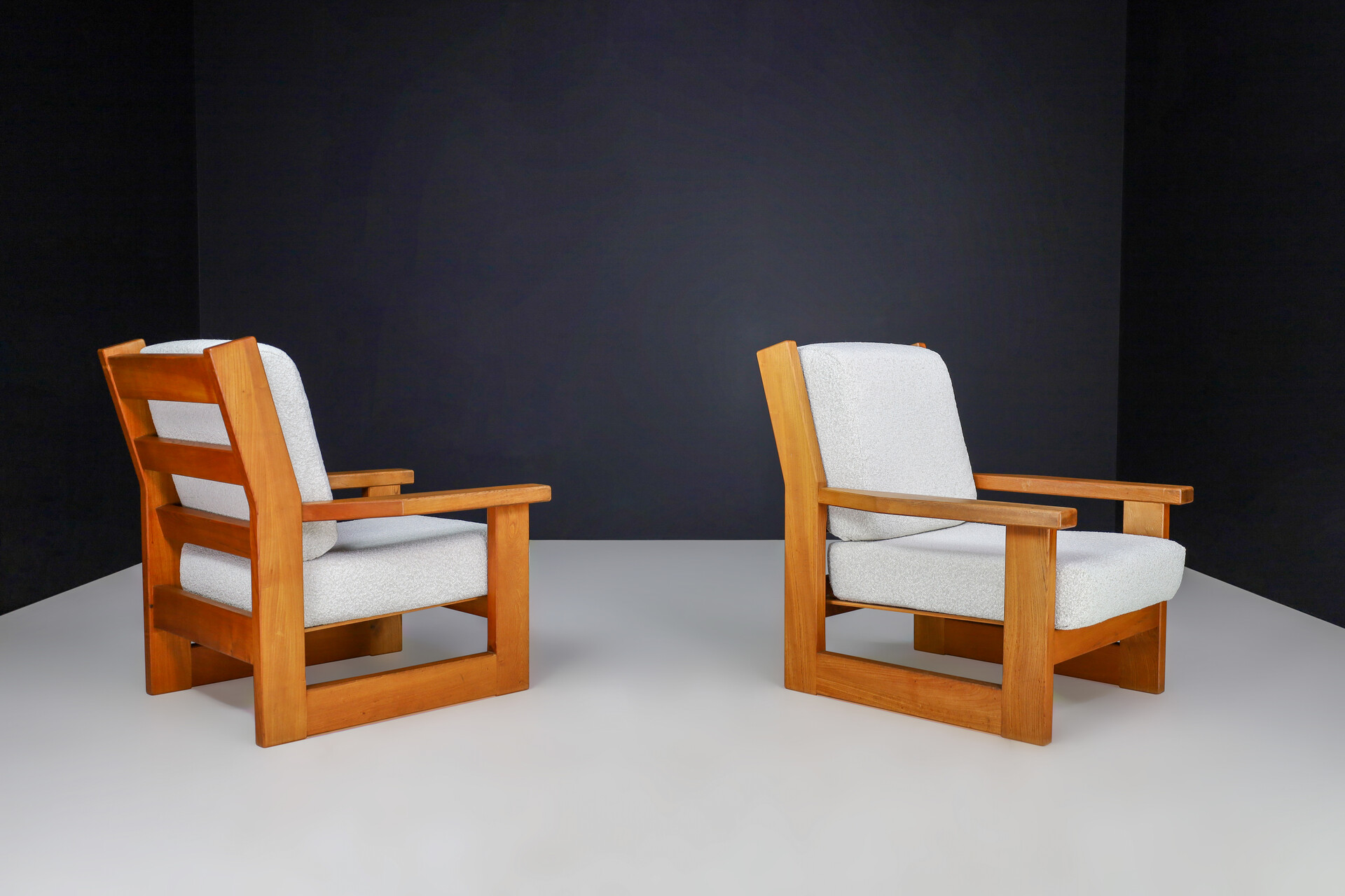 Mid century modern Elmwood and bouclé reupholstered Lounge chairs France 1960s Mid-20th century