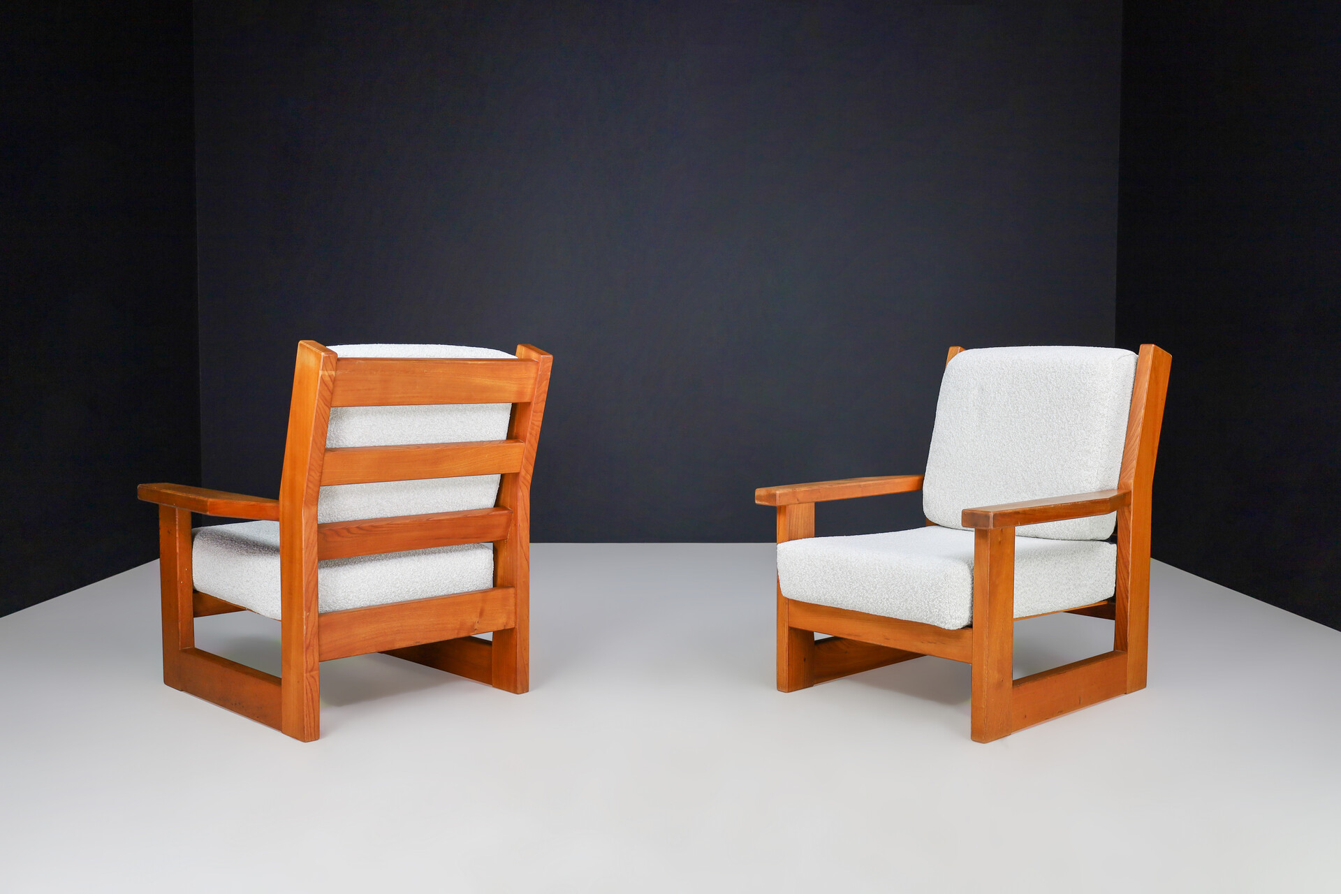 Mid century modern Elmwood and bouclé reupholstered Lounge chairs France 1960s Mid-20th century