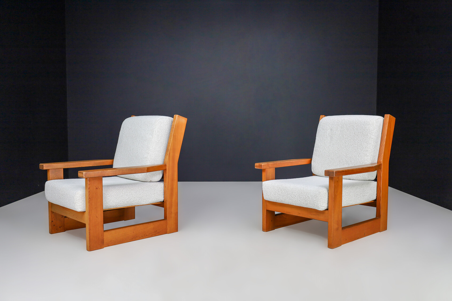 Mid century modern Elmwood and bouclé reupholstered Lounge chairs France 1960s Mid-20th century