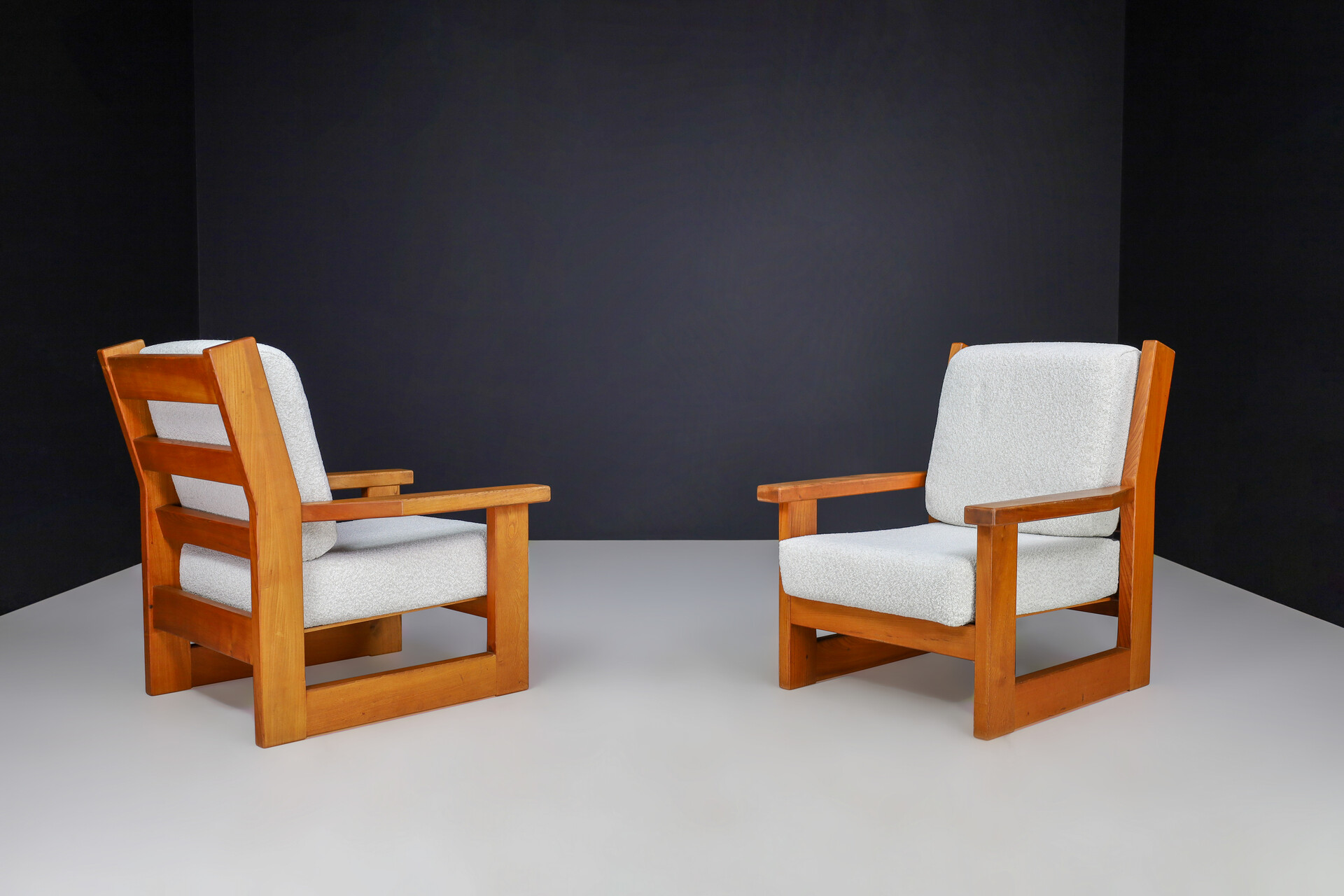 Mid century modern Elmwood and bouclé reupholstered Lounge chairs France 1960s Mid-20th century