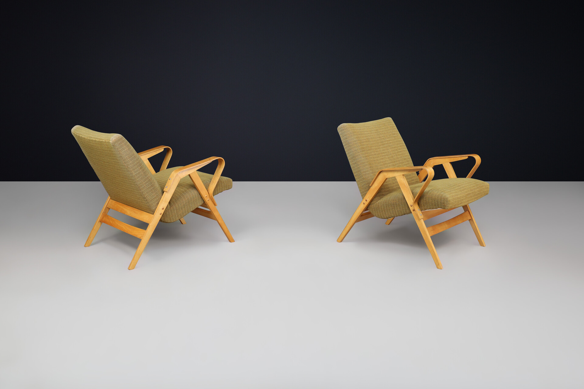 Mid century modern František Jirák for Tatra Nabytok lounge chairs in original olive green upholstery, 1950s Mid-20th century