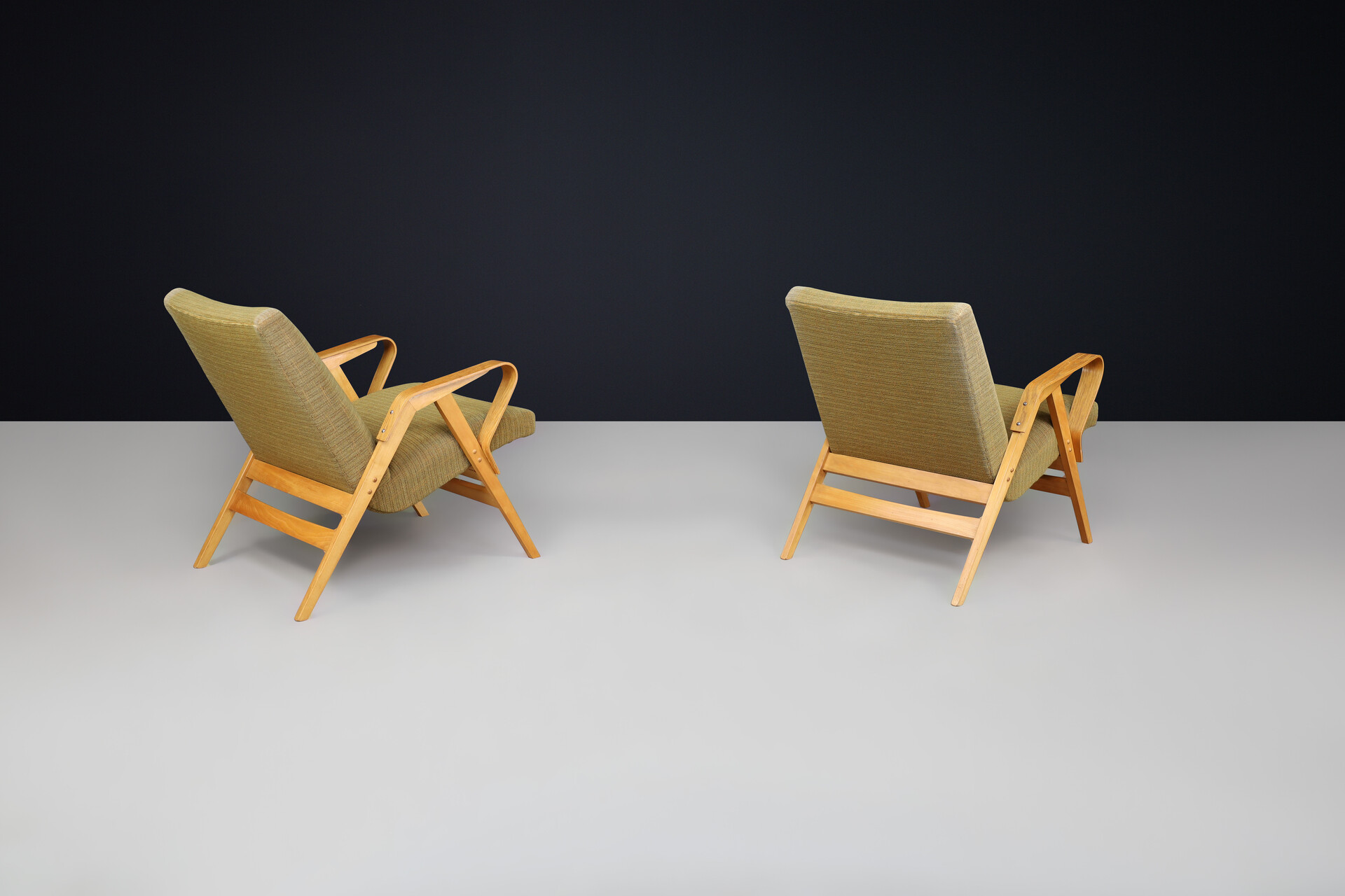 Mid century modern František Jirák for Tatra Nabytok lounge chairs in original olive green upholstery, 1950s Mid-20th century