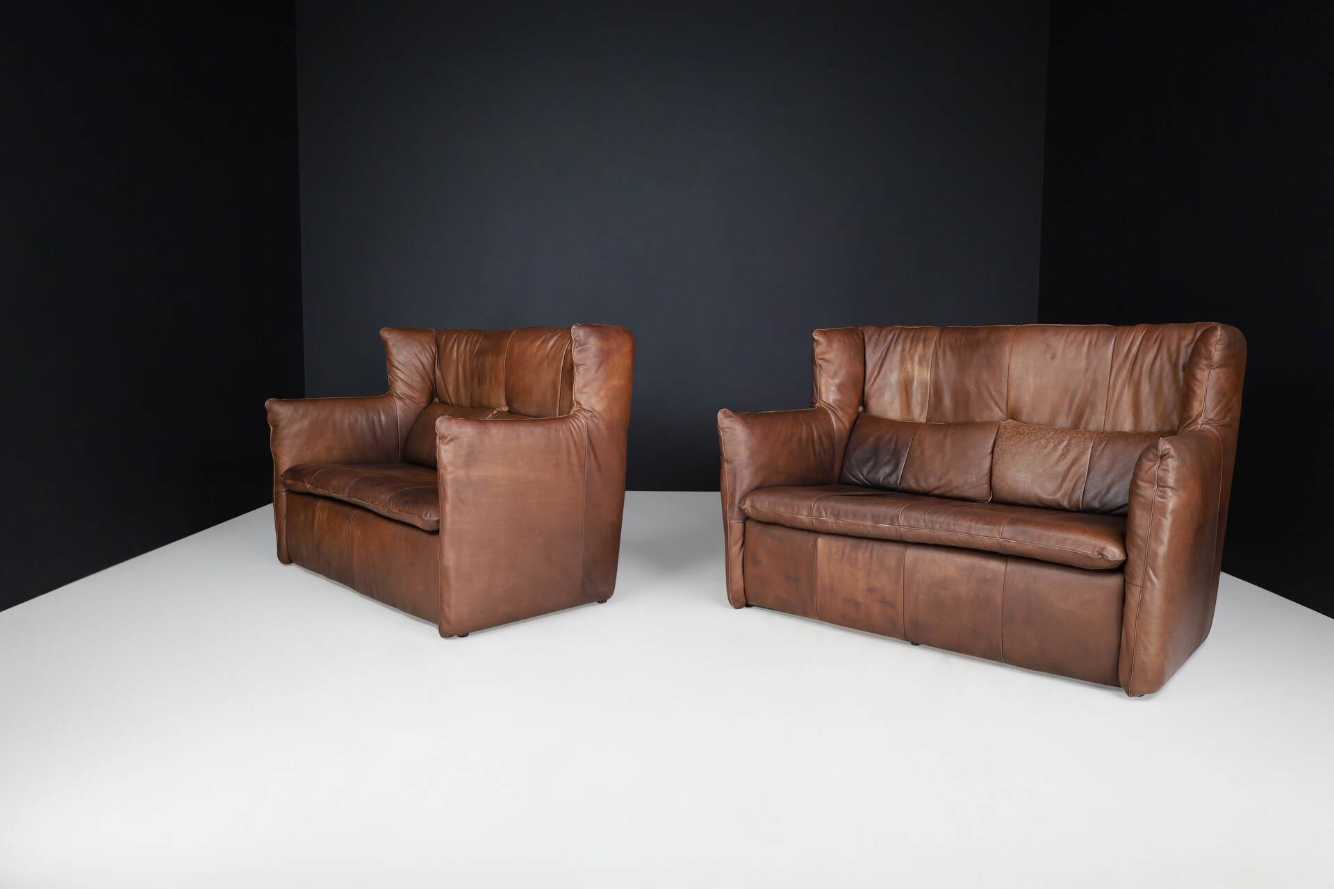 Mid century modern Gerard van den Berg Sofa High Back Sofas in patinated brown leather, The Netherlands 1970s Late-20th century