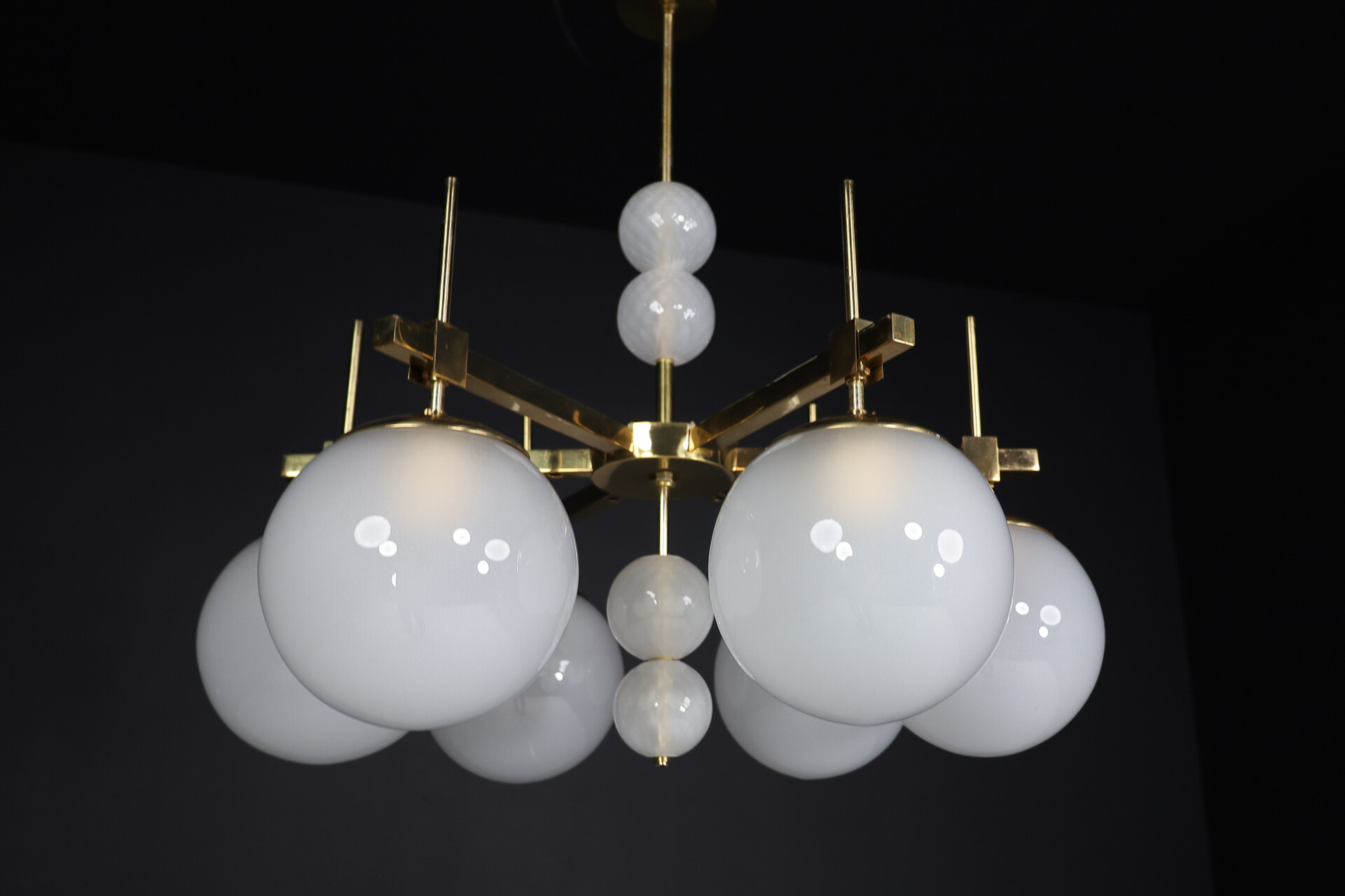 Mid century modern Hotel Chandeliers with Brass Fixture and frosted globes , Europe, 1970s Mid-20th century