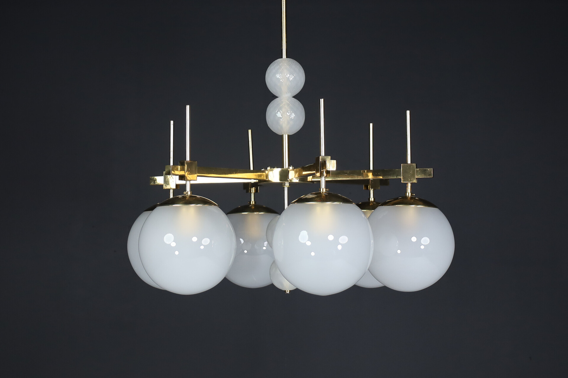 Mid century modern Hotel Chandeliers with Brass Fixture and frosted globes , Europe, 1970s Mid-20th century