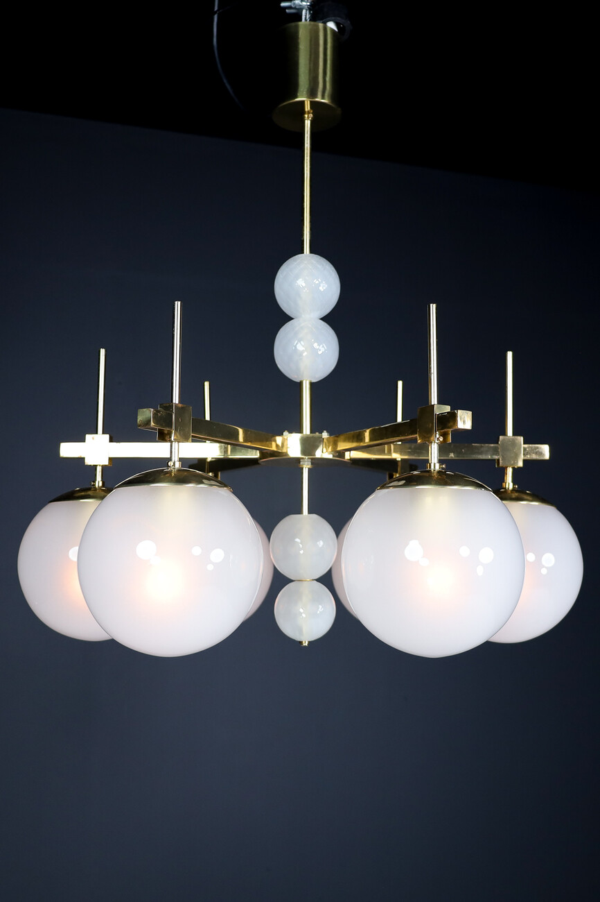 Mid century modern Hotel Chandeliers with Brass Fixture and frosted globes , Europe, 1970s Mid-20th century