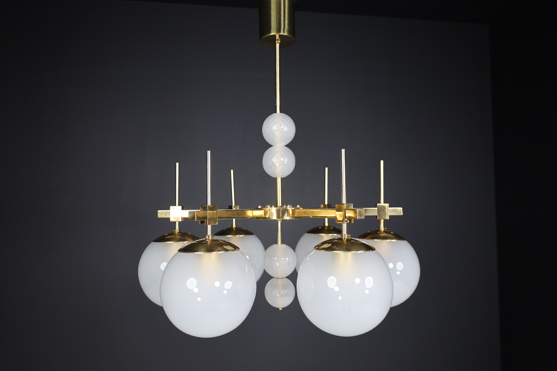 Mid century modern Hotel Chandeliers with Brass Fixture and frosted globes , Europe, 1970s Mid-20th century