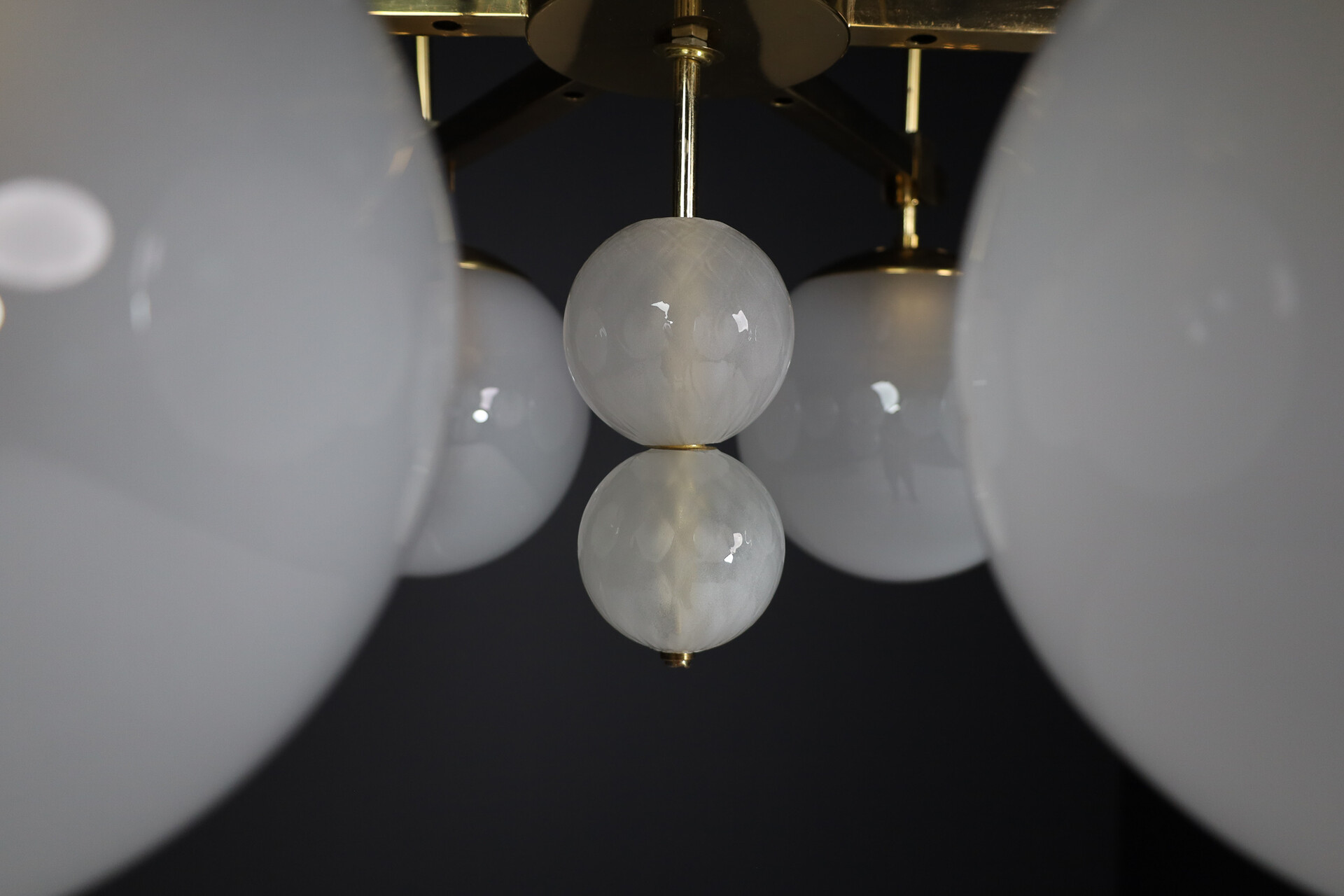 Mid century modern Hotel Chandeliers with Brass Fixture and frosted globes , Europe, 1970s Mid-20th century