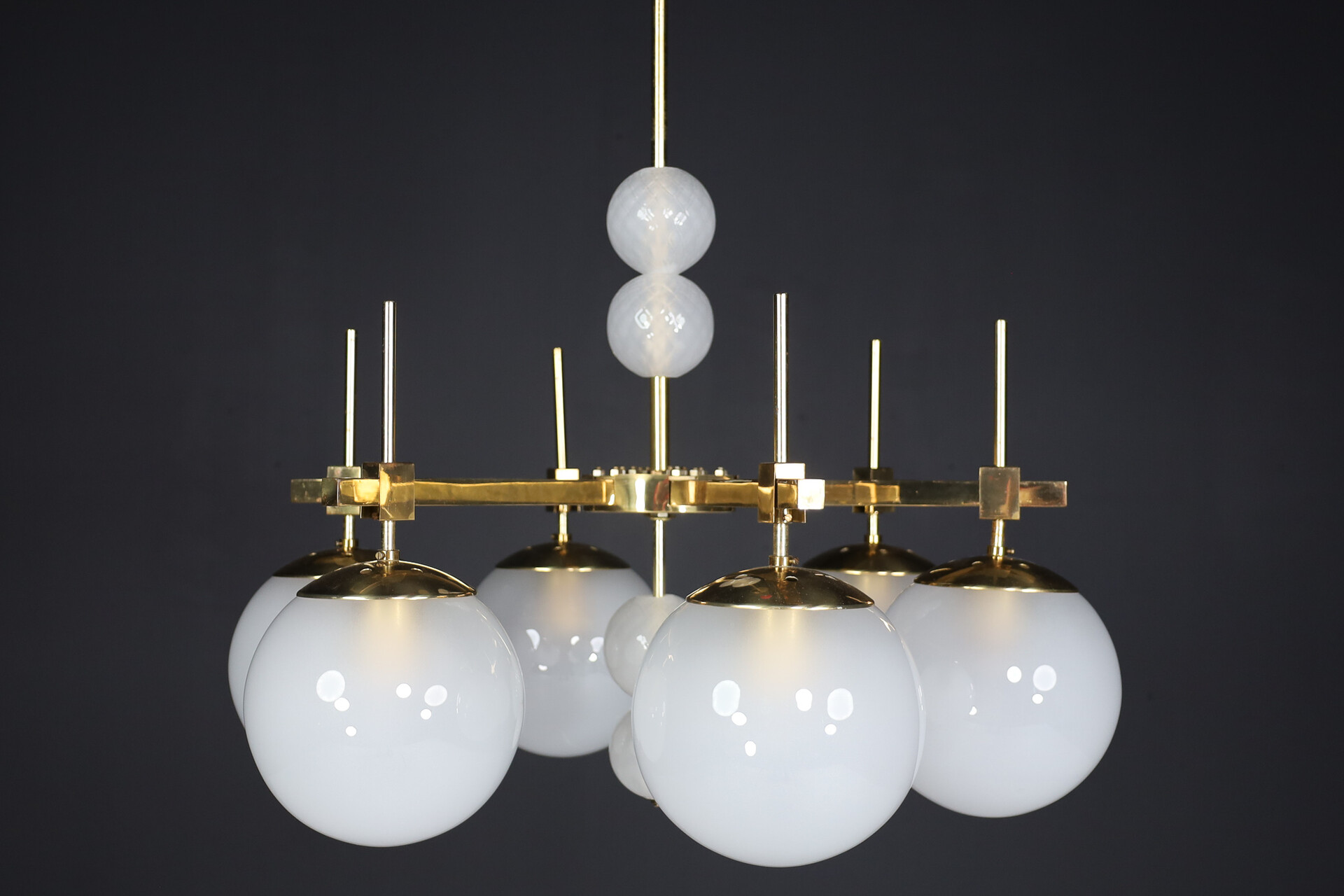 Mid century modern Hotel Chandeliers with Brass Fixture and frosted globes , Europe, 1970s Mid-20th century