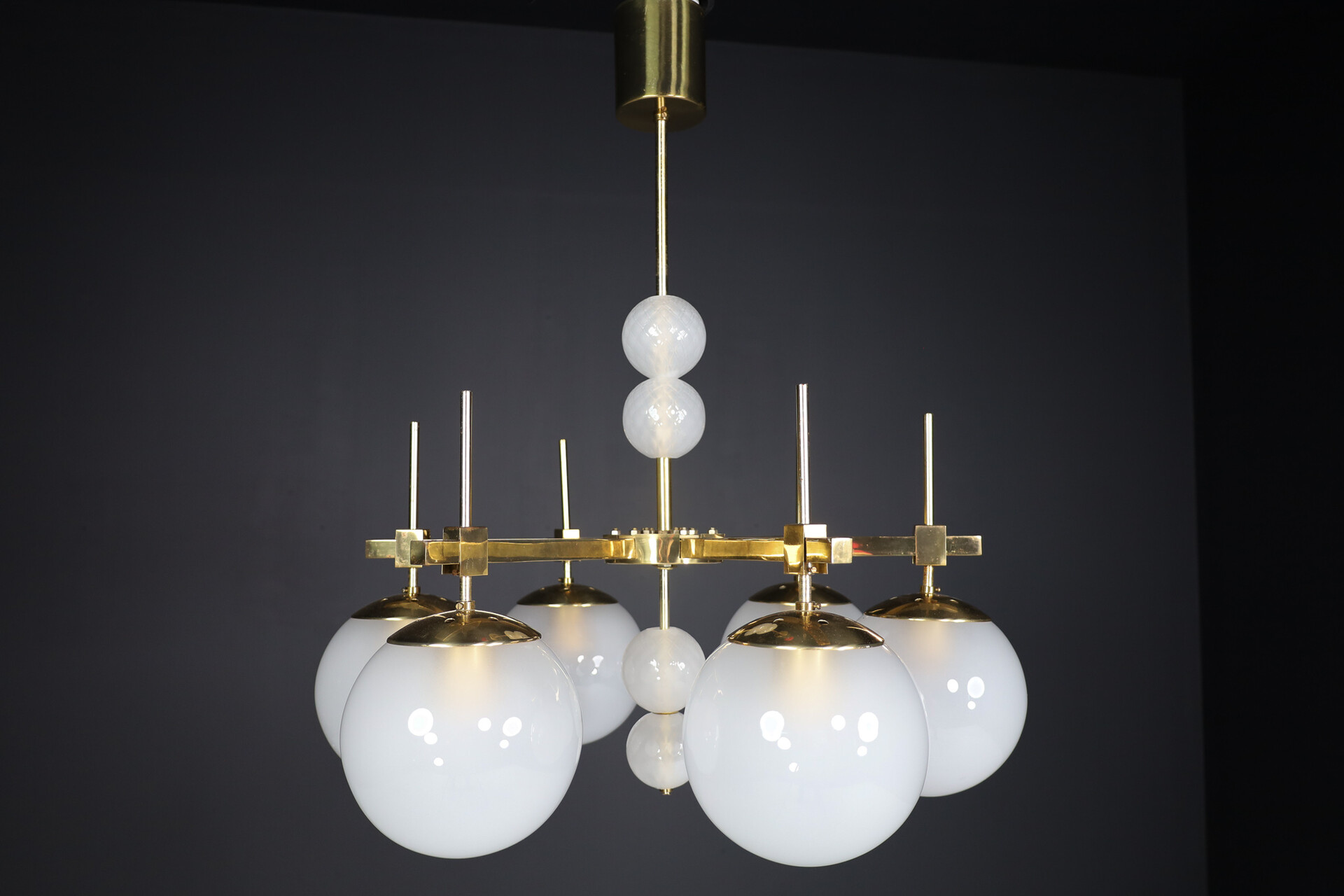 Mid century modern Hotel Chandeliers with Brass Fixture and frosted globes , Europe, 1970s Mid-20th century