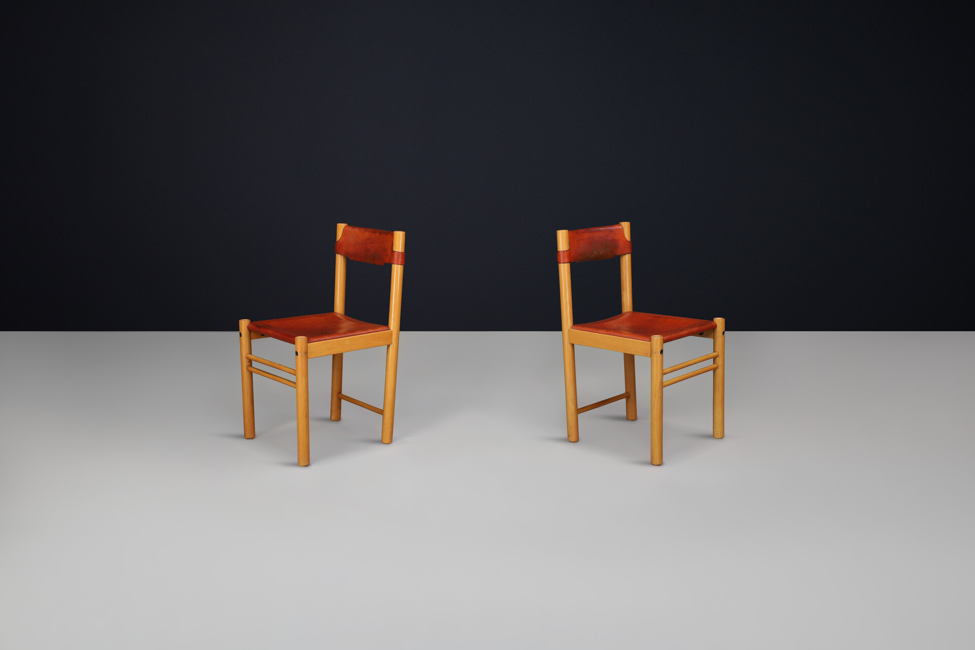 Mid century modern Ibisco Sedie Set of two Chairs with Patinated Cognac Leather, Italy 1970s Late-20th century