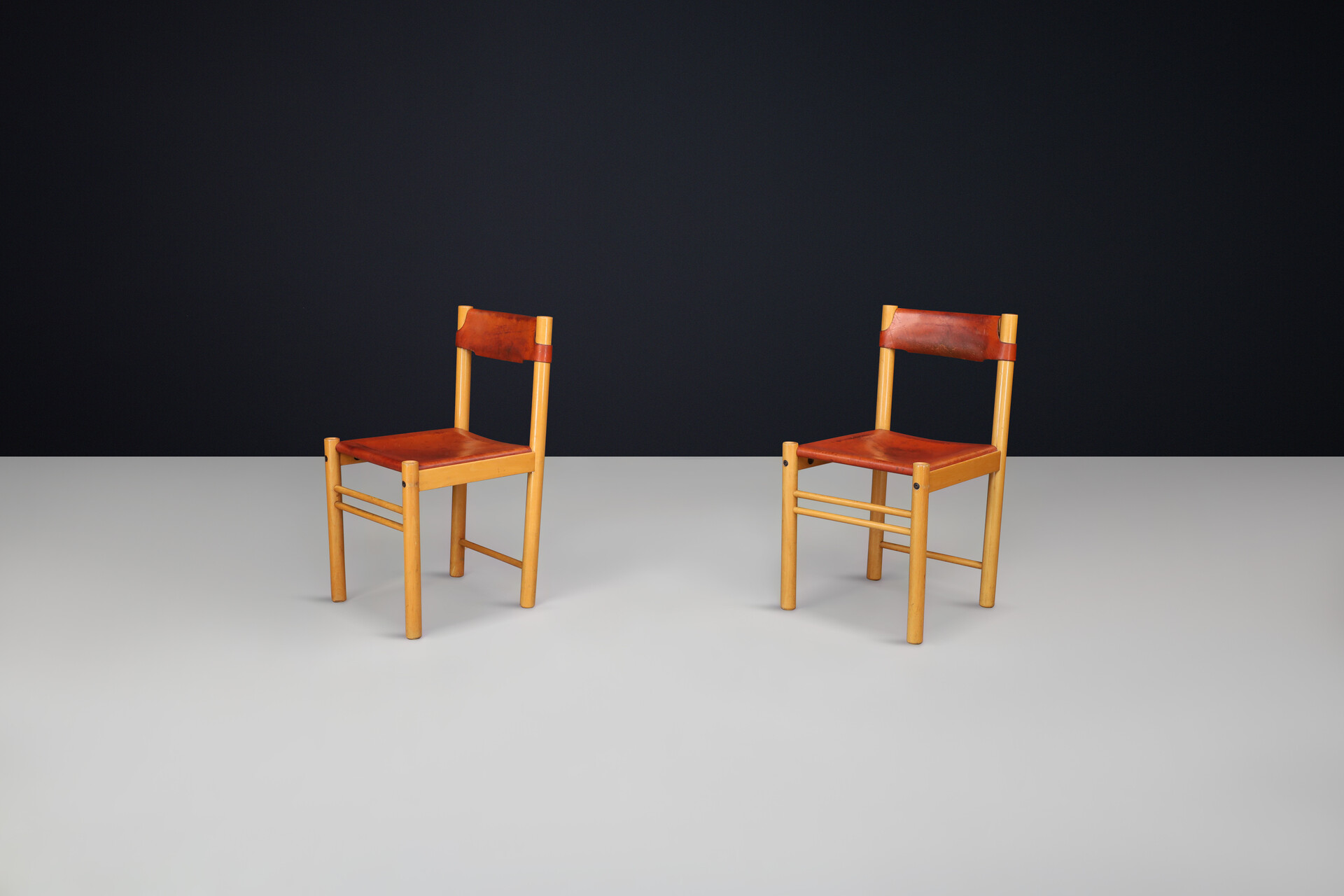 Mid century modern Ibisco Sedie Set of two Chairs with Patinated Cognac Leather, Italy 1970s Late-20th century