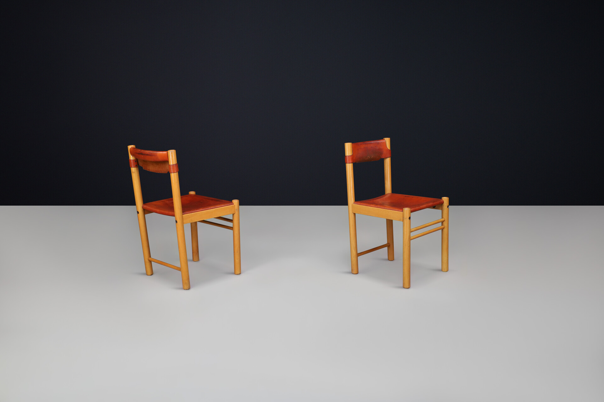 Mid century modern Ibisco Sedie Set of two Chairs with Patinated Cognac Leather, Italy 1970s Late-20th century