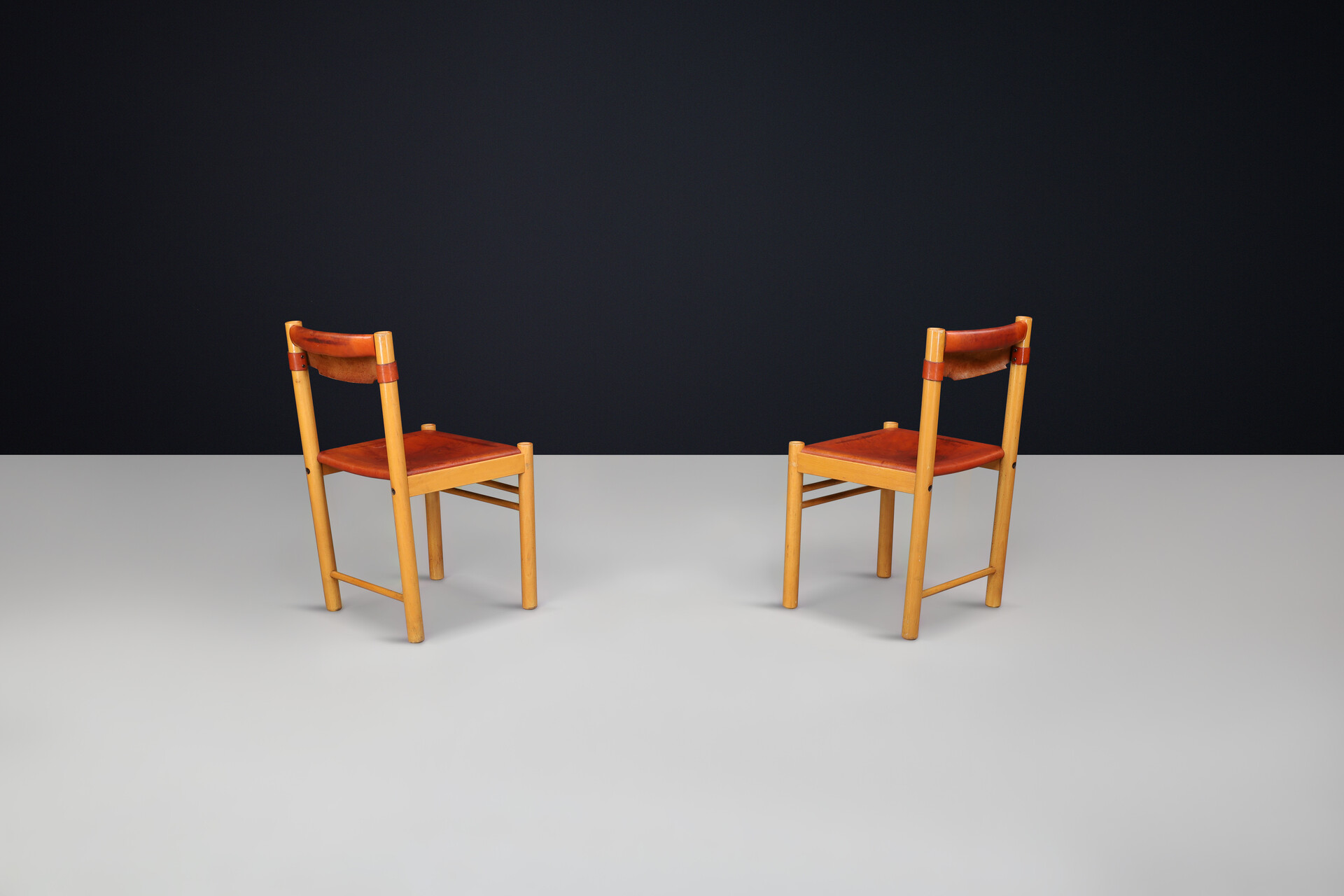 Mid century modern Ibisco Sedie Set of two Chairs with Patinated Cognac Leather, Italy 1970s Late-20th century