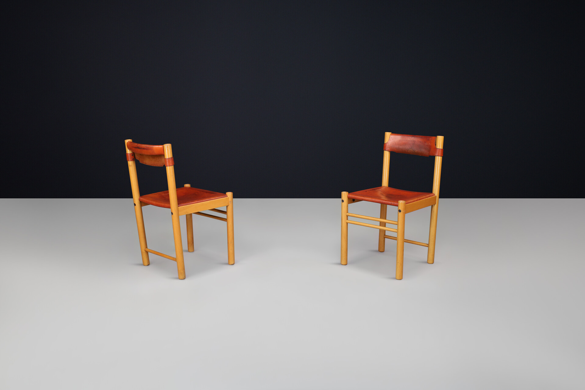 Mid century modern Ibisco Sedie Set of two Chairs with Patinated Cognac Leather, Italy 1970s Late-20th century