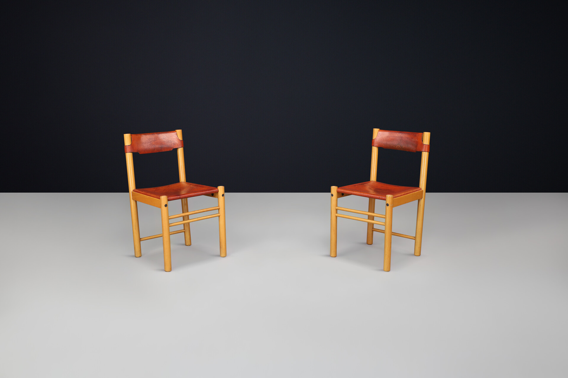 Mid century modern Ibisco Sedie Set of two Chairs with Patinated Cognac Leather, Italy 1970s Late-20th century