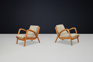 Mid century modern Jan Vanek Easy Chairs in Oak Bentwood and upholstery, Praque 1930s Mid-20th century