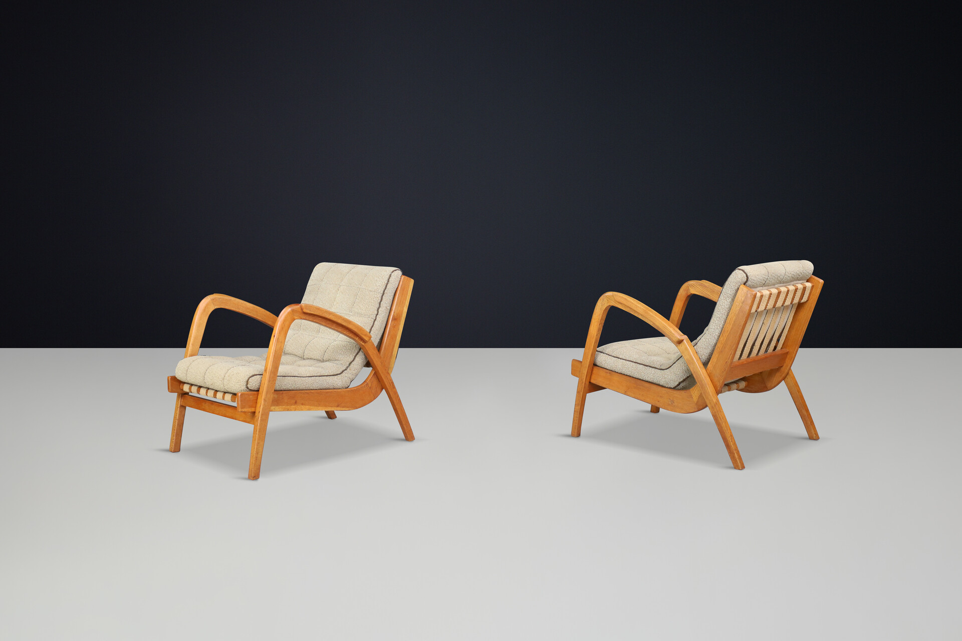 Mid century modern Jan Vanek Easy Chairs in Oak Bentwood and upholstery, Praque 1930s Mid-20th century