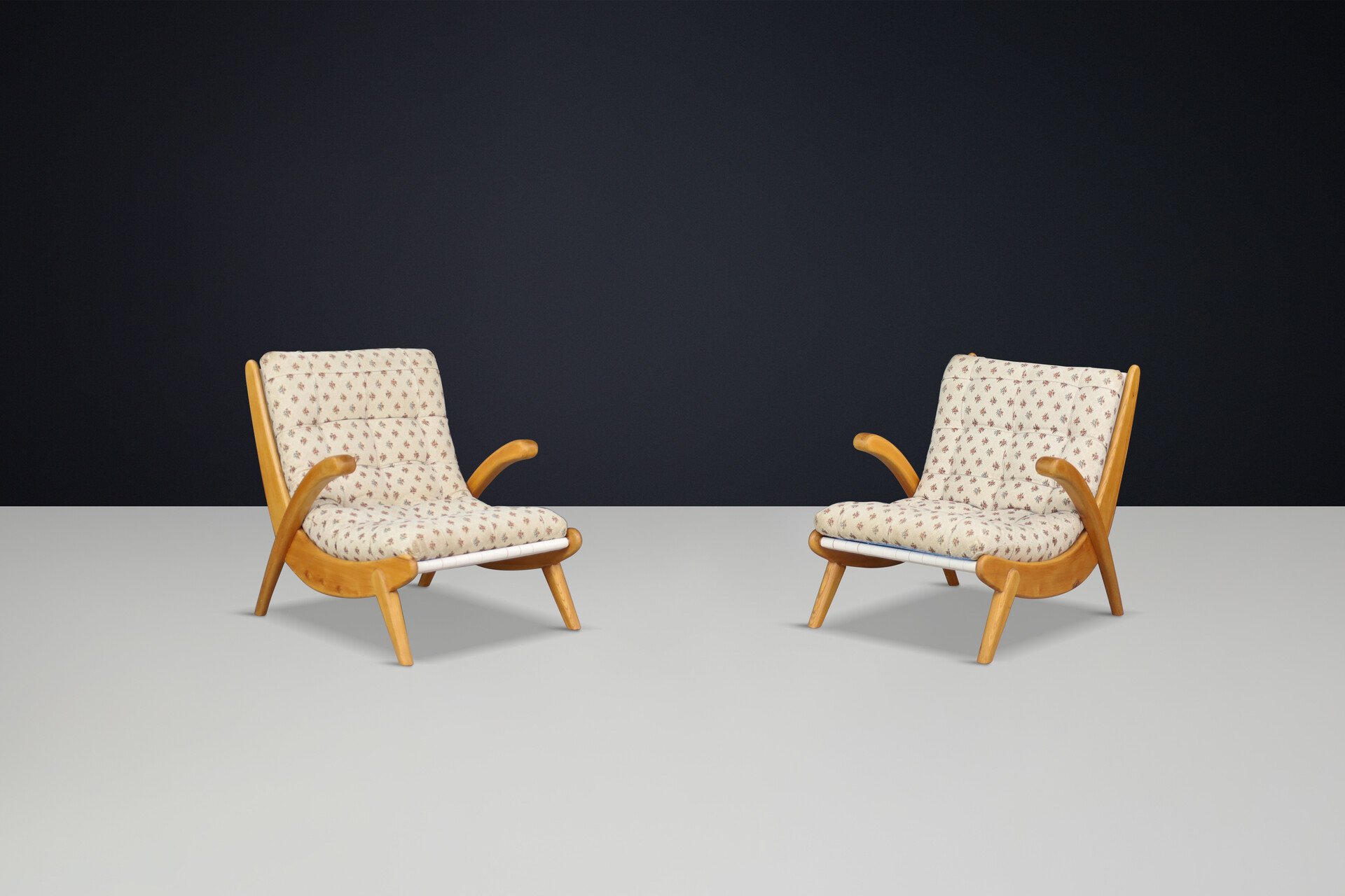 Mid century modern Jan Vanek's pair of two curved easy chairs curved oak, canvas and original upholstery, CZ 1960s Mid-20th century