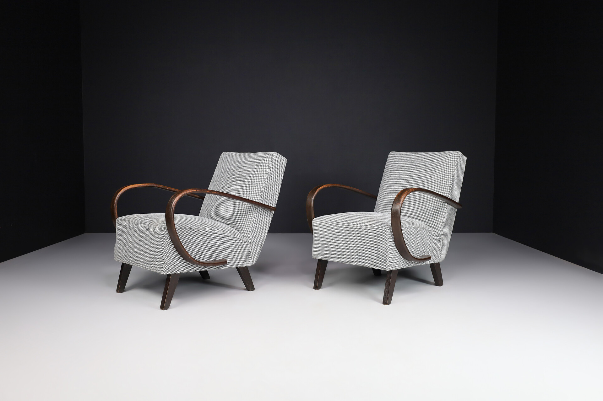 Mid century modern Jindrich Halabala Re-Upholstered Bentwood Armchairs, 1940s Czech Republic. Mid-20th century