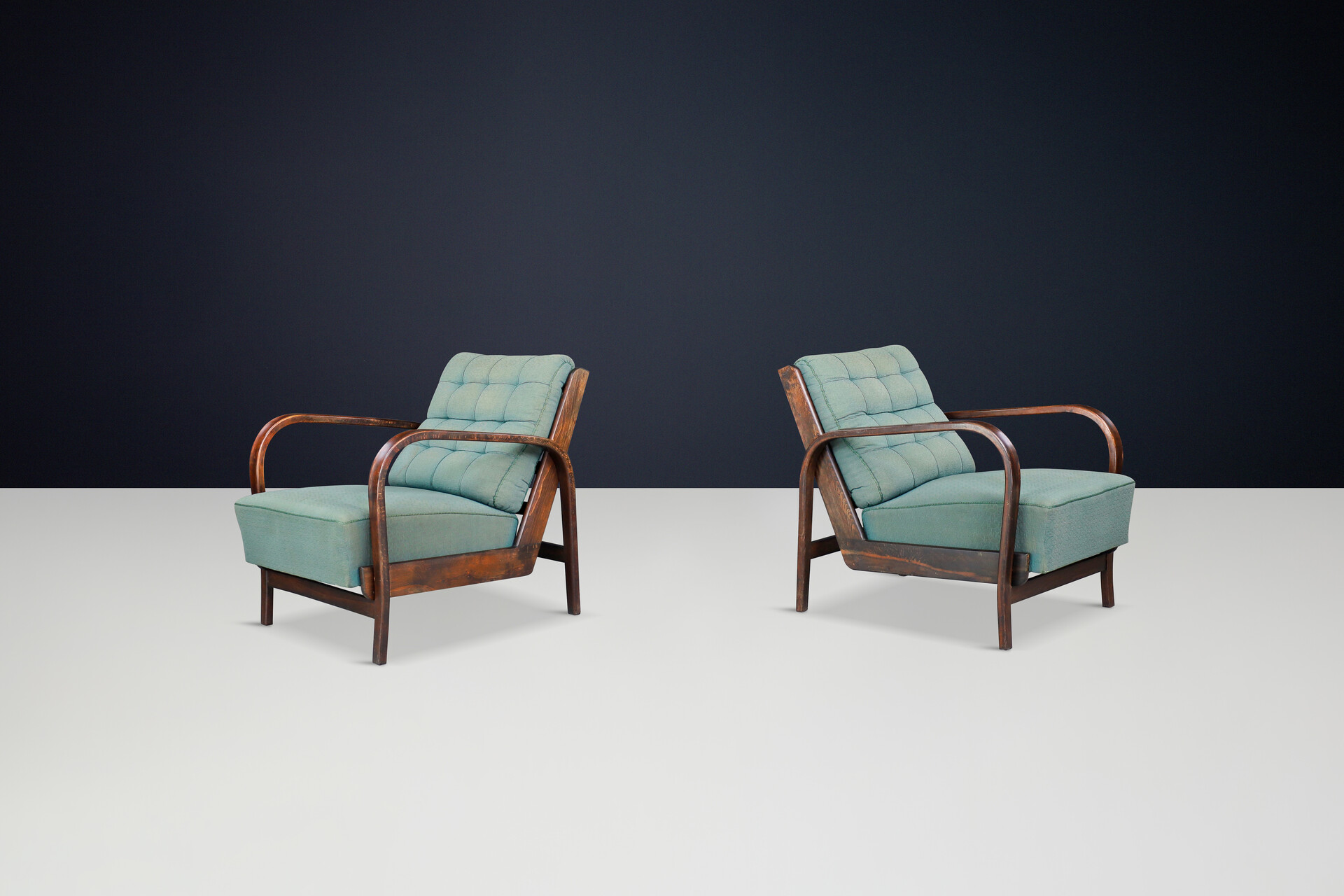 Mid century modern Karel Koželka & Antonín Kropácek Patinated Bentwood Armchairs in Green Upholstery, Prague, 1940 Mid-20th century