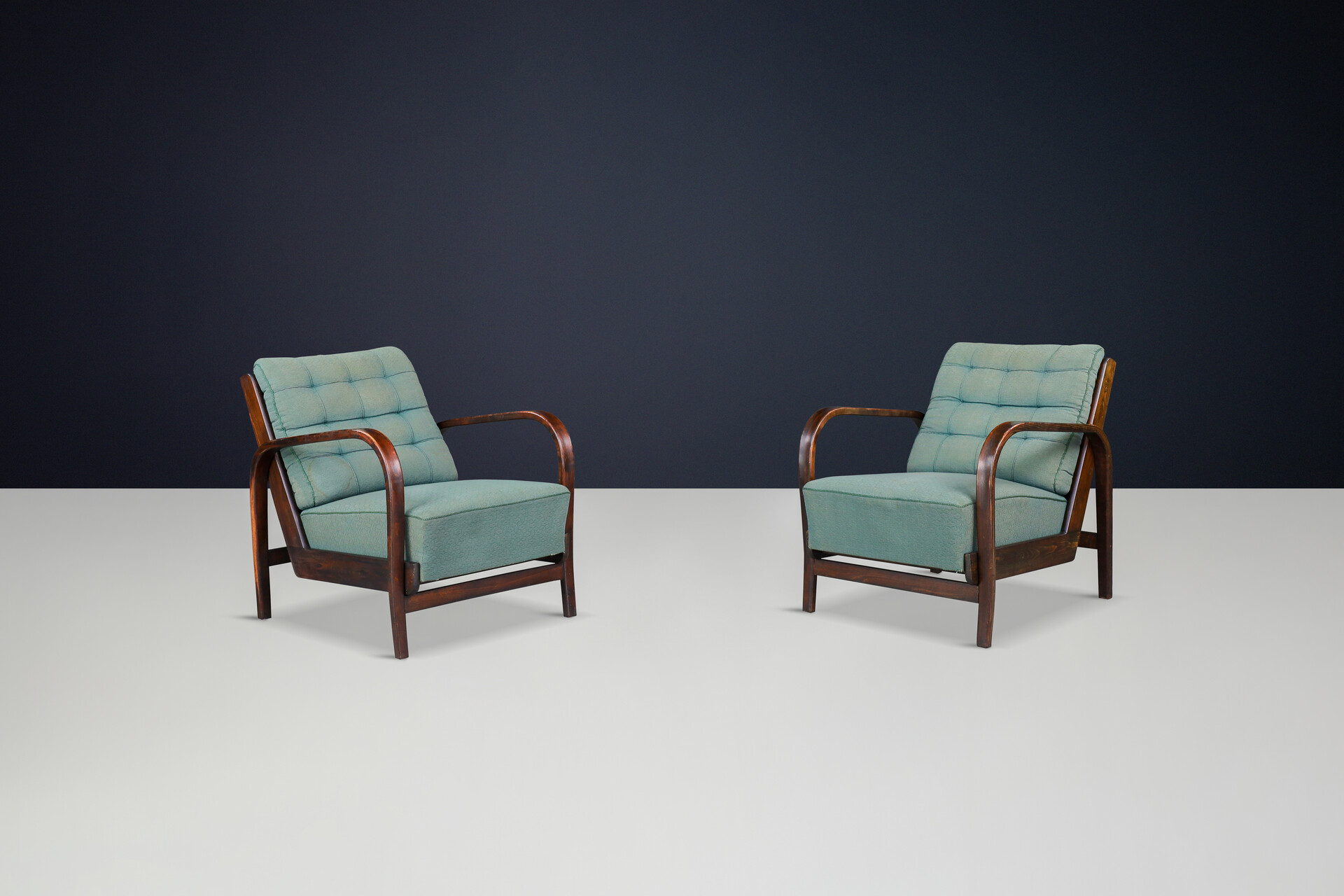 Mid century modern Karel Koželka & Antonín Kropácek Patinated Bentwood Armchairs in Green Upholstery, Prague, 1940 Mid-20th century