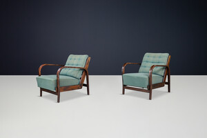 Mid century modern Karel Koželka & Antonín Kropácek Patinated Bentwood Armchairs in Green Upholstery, Prague, 1940 Mid-20th century