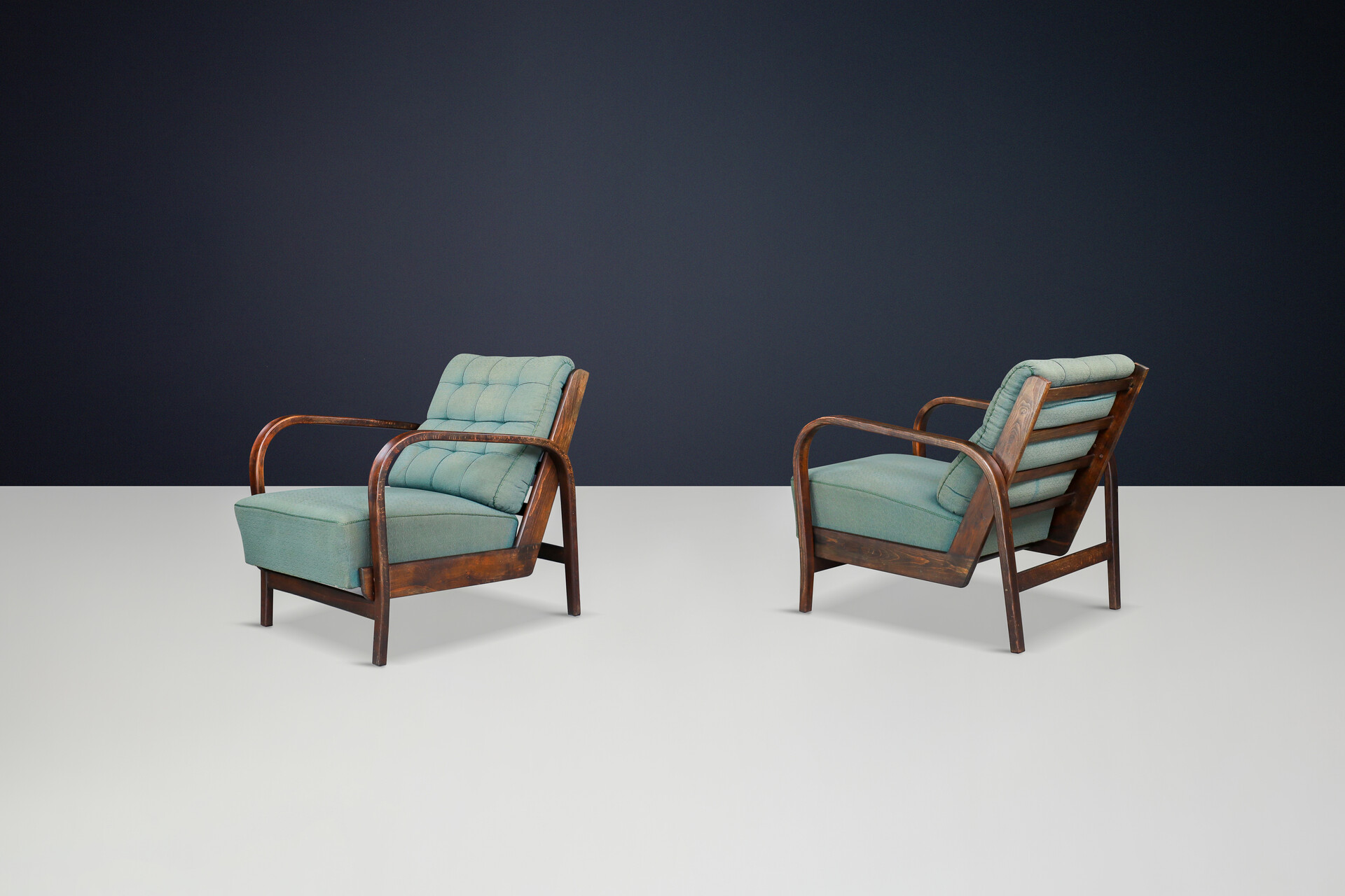 Mid century modern Karel Koželka & Antonín Kropácek Patinated Bentwood Armchairs in Green Upholstery, Prague, 1940 Mid-20th century