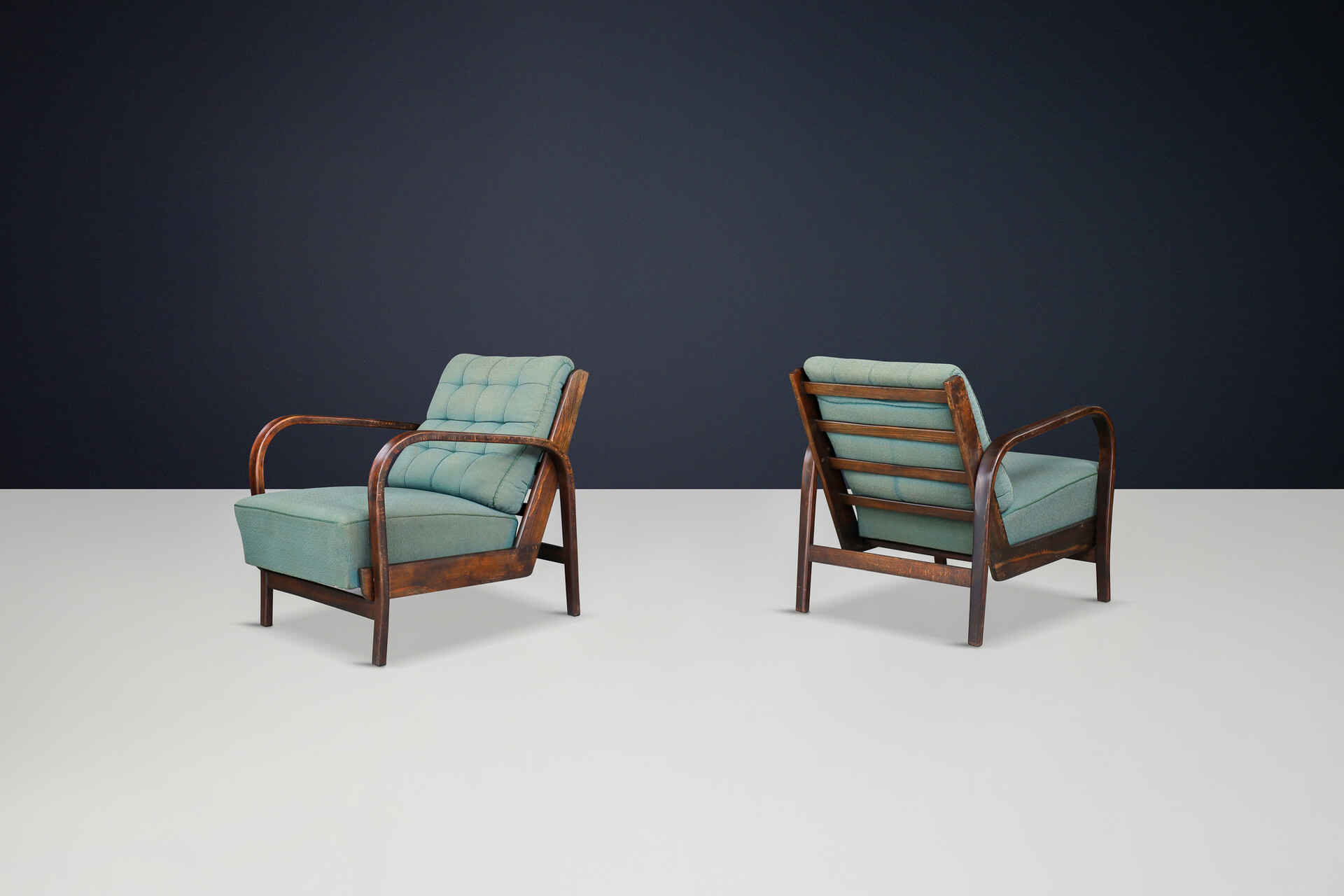 Mid century modern Karel Koželka & Antonín Kropácek Patinated Bentwood Armchairs in Green Upholstery, Prague, 1940 Mid-20th century