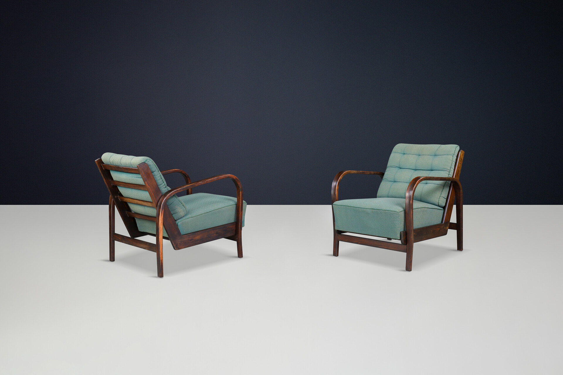 Mid century modern Karel Koželka & Antonín Kropácek Patinated Bentwood Armchairs in Green Upholstery, Prague, 1940 Mid-20th century