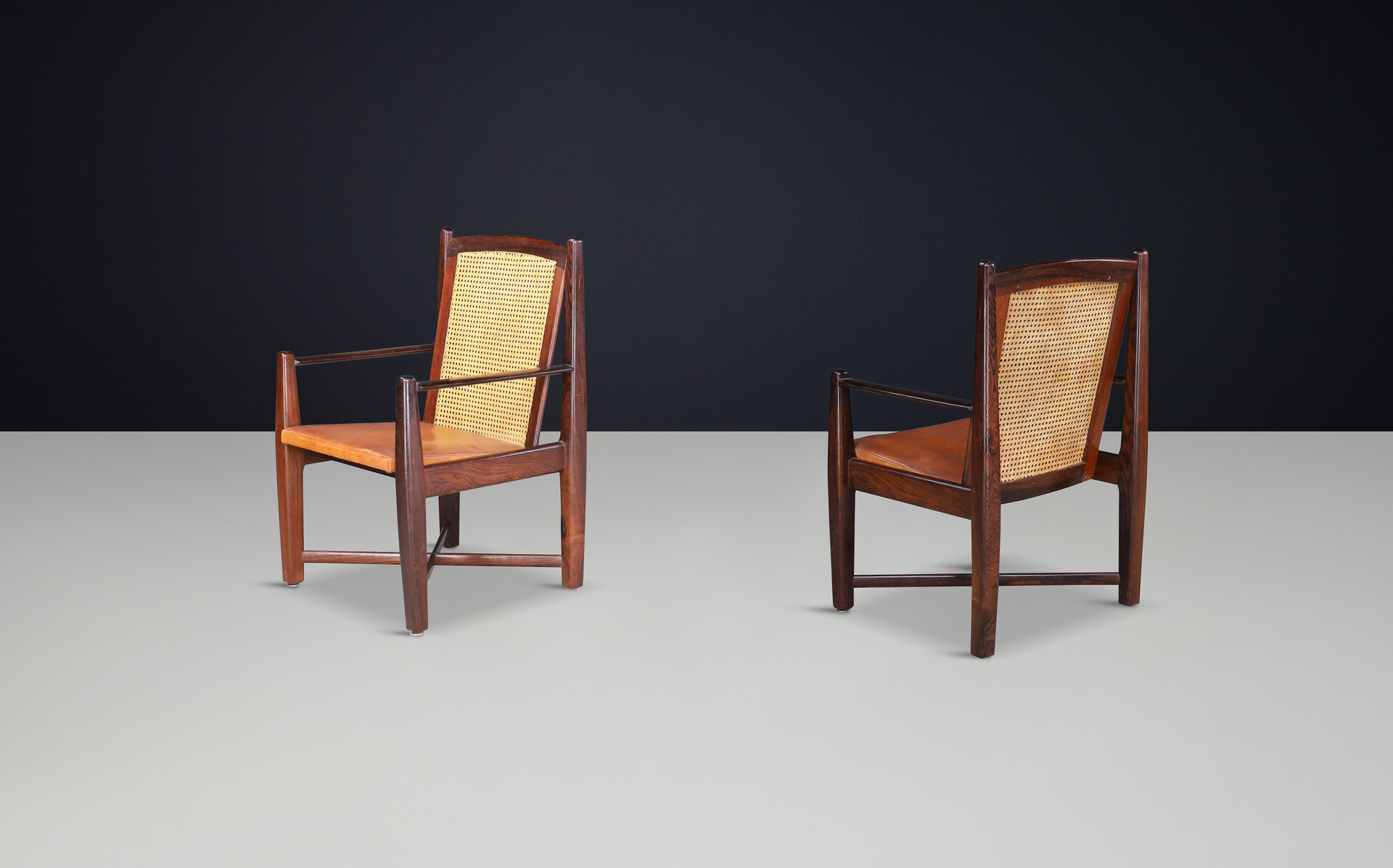 Mid century modern Large Armchairs in Hardwood, Cane and leather, Brazil 1960s Mid-20th century