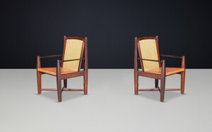 Mid century modern Large Armchairs in Hardwood, Cane and leather, Brazil 1960s Mid-20th century